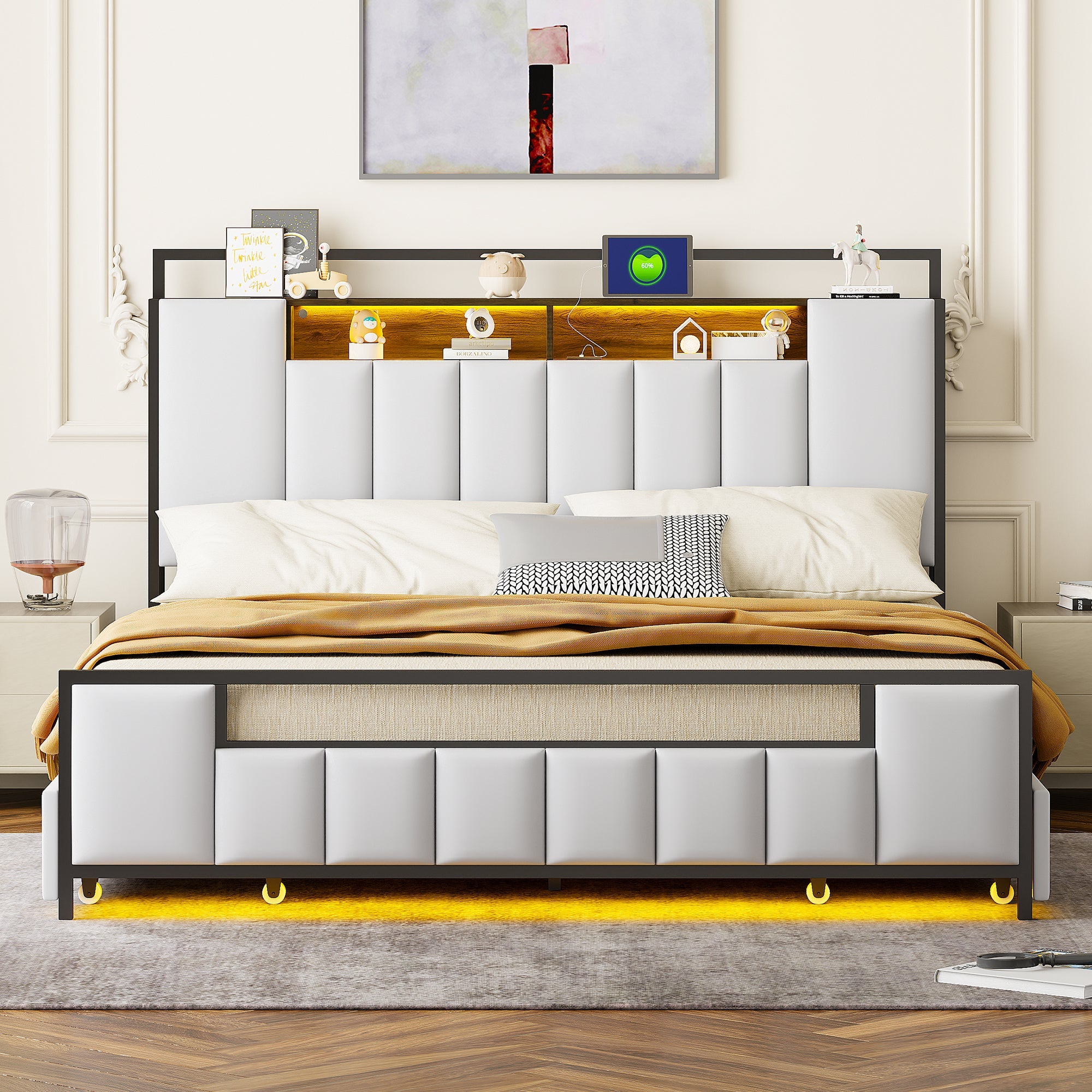 Logidon gestoffeerd bed 160x200 cm beige kunstleer met LED en USB