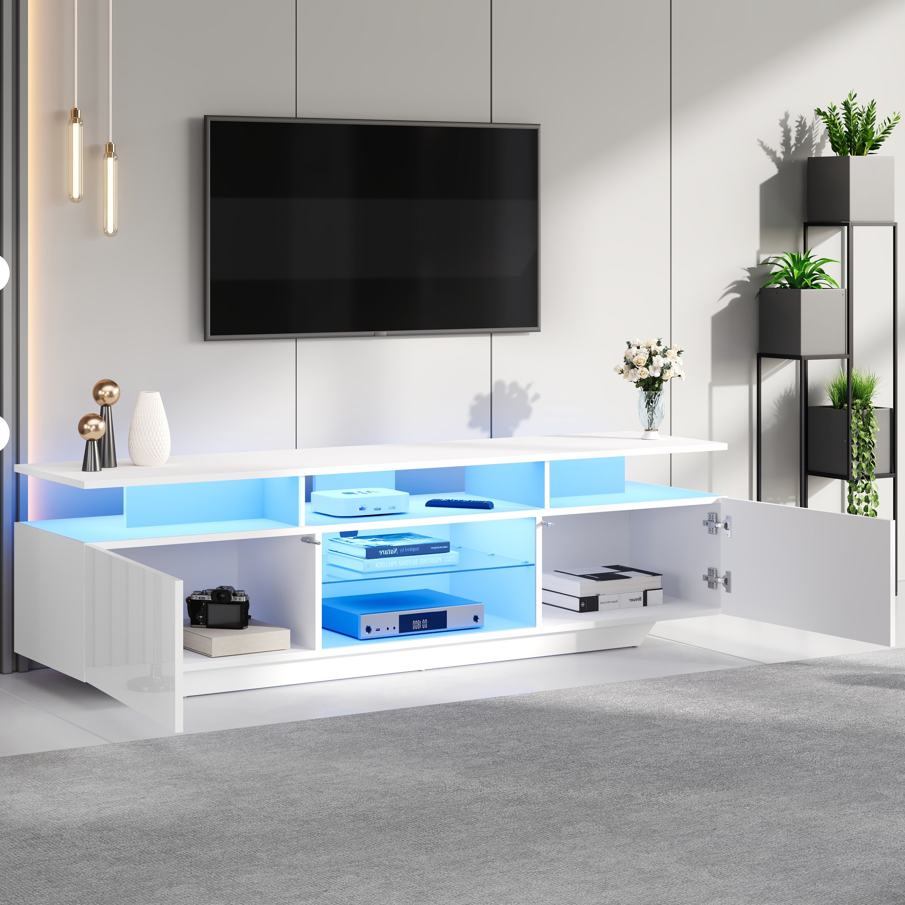 Logidon TV-meubel hoogglans wit 160 x 40 x 45 cm met LED lichtstrip glasplanken