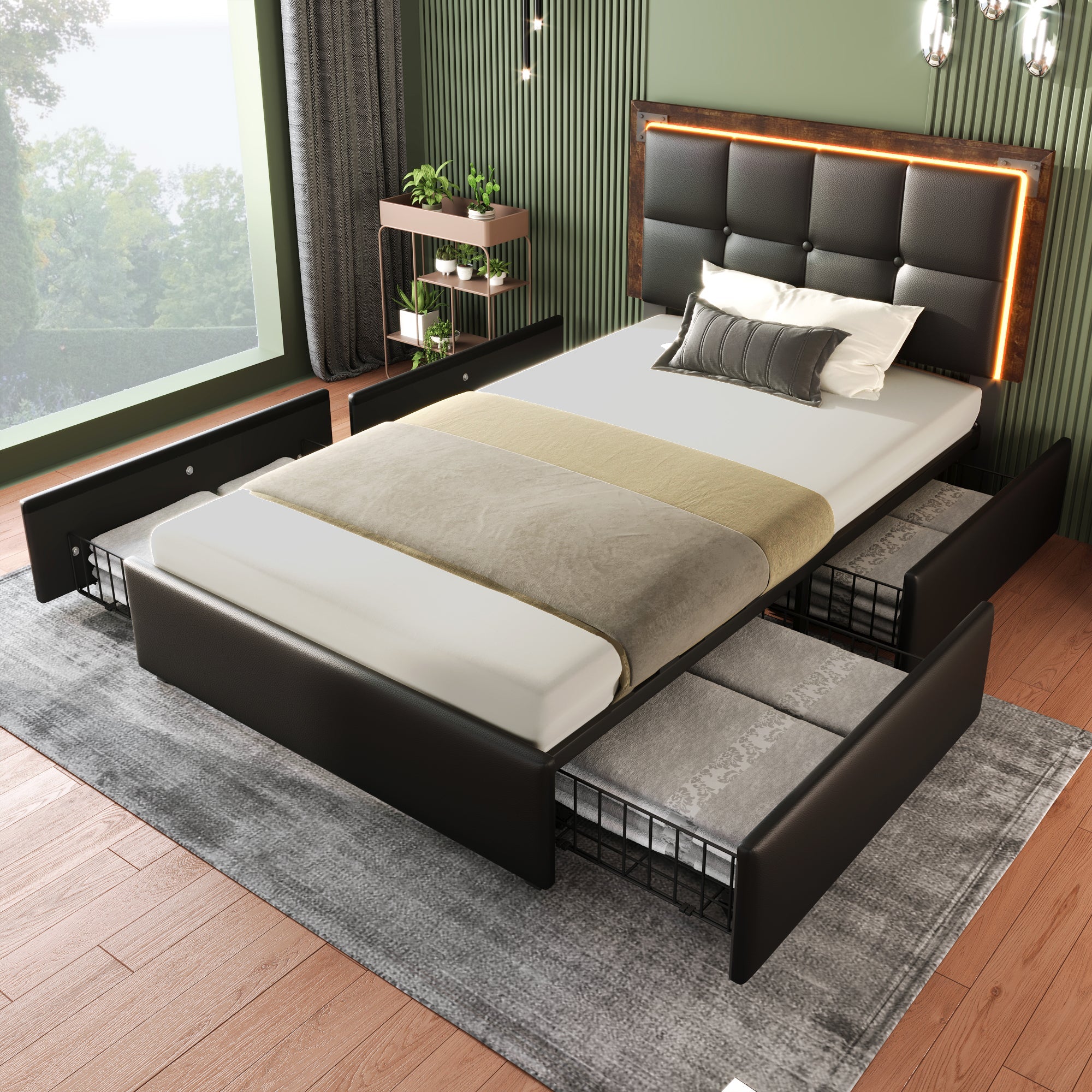 Logidon bedframe 90x200cm met LED-strip en vier lades zwart