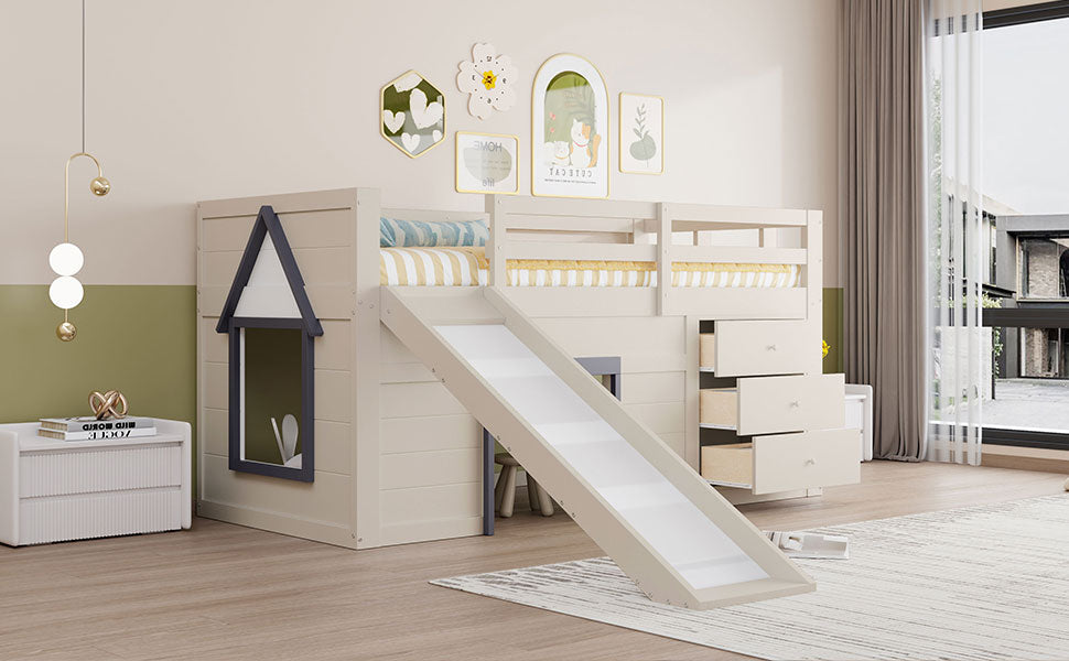 Logidon crème hoogslaper 90x200 met glijbaan, 3 lades, 2 deuren