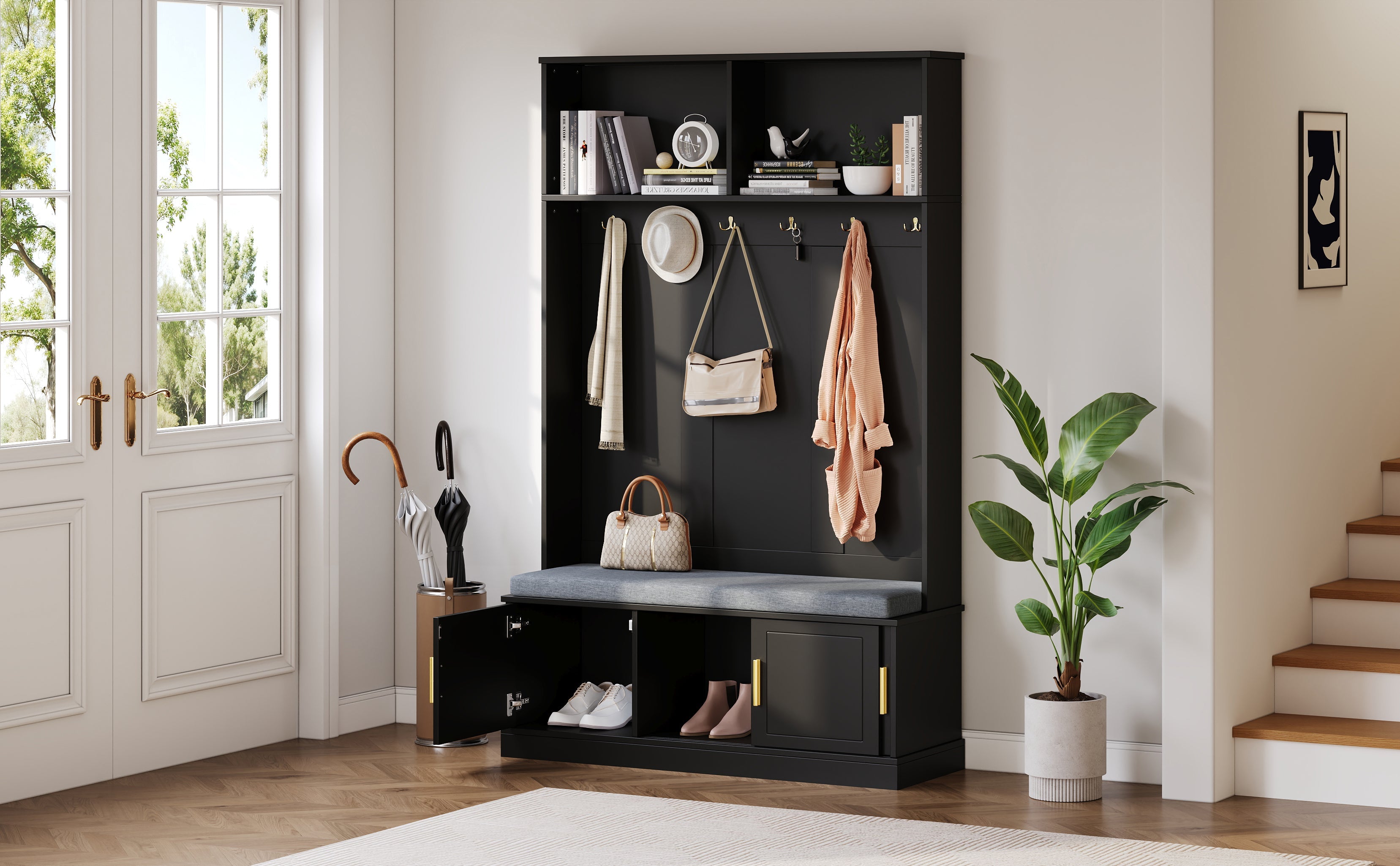 Logidon kapstok schoenenbank met 6 drievoudige haken zwart 120x40x191 cm