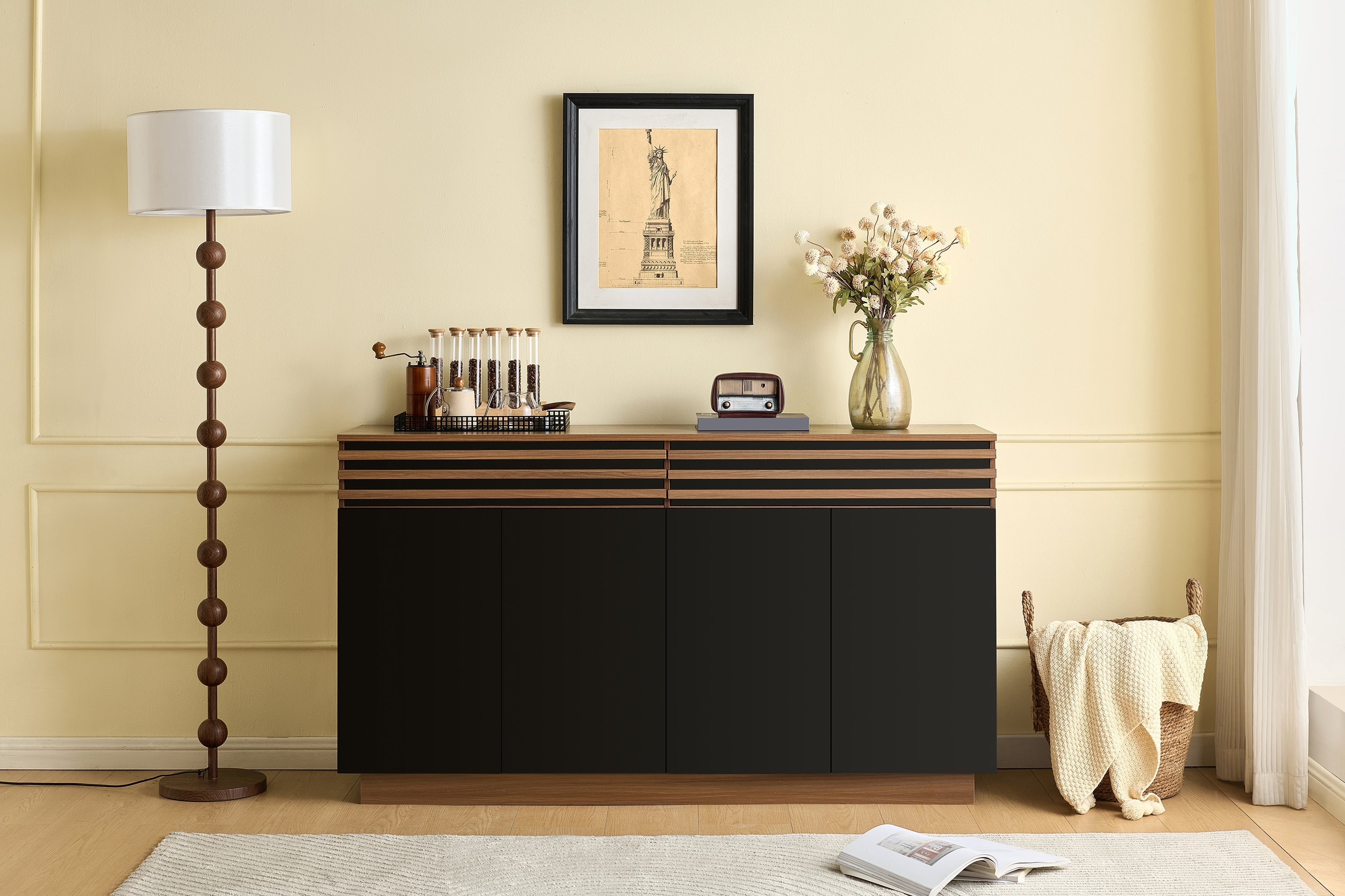 Logidon Modern dressoir 150 x 40 x 85 cm houtlook zwarte deuren