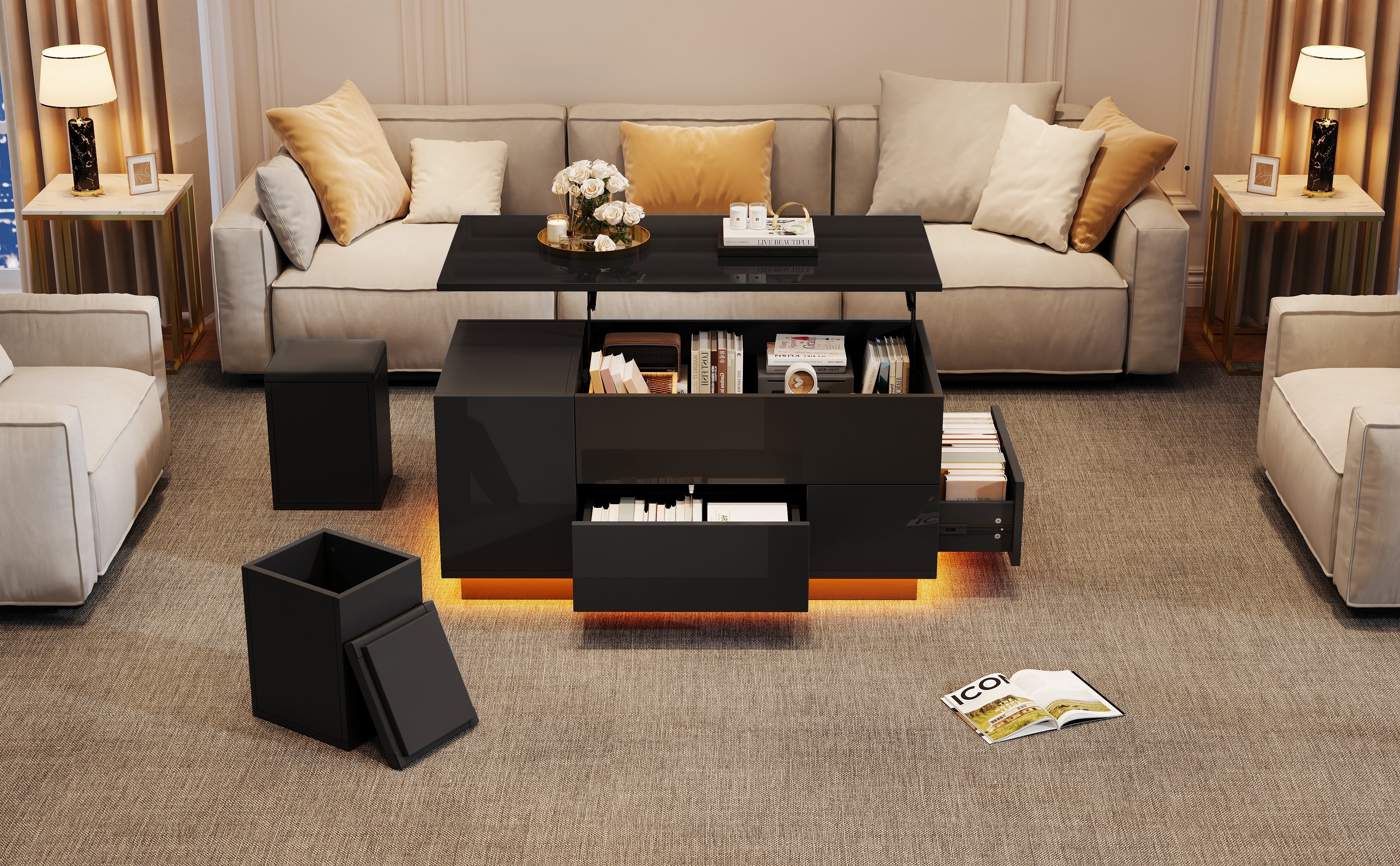 Logidon 4-in-1 in hoogte verstelbare salontafel zwart 100x50x45 cm LED