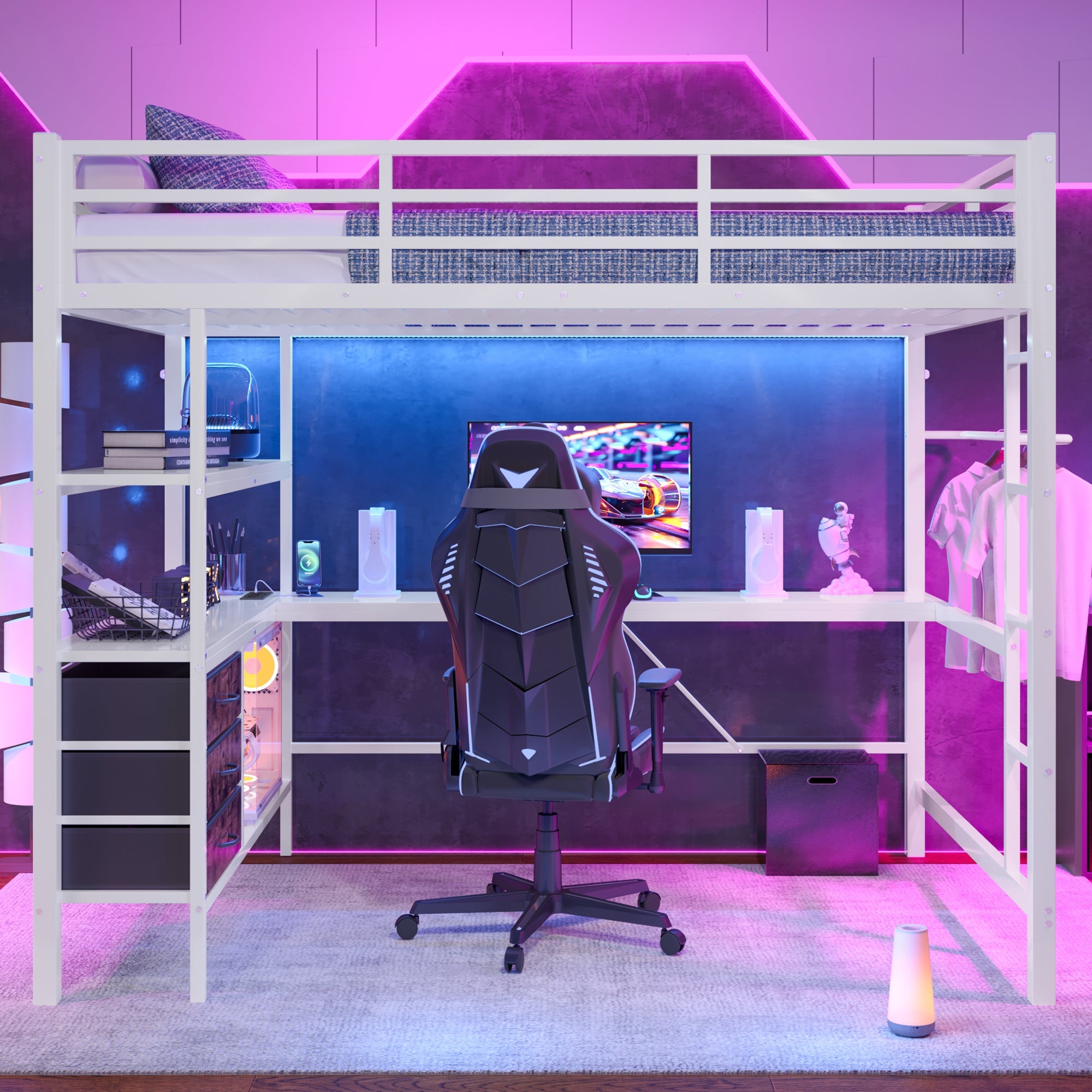 Logidon loft bed 140x200 with LED lighting USB socket 3 drawers