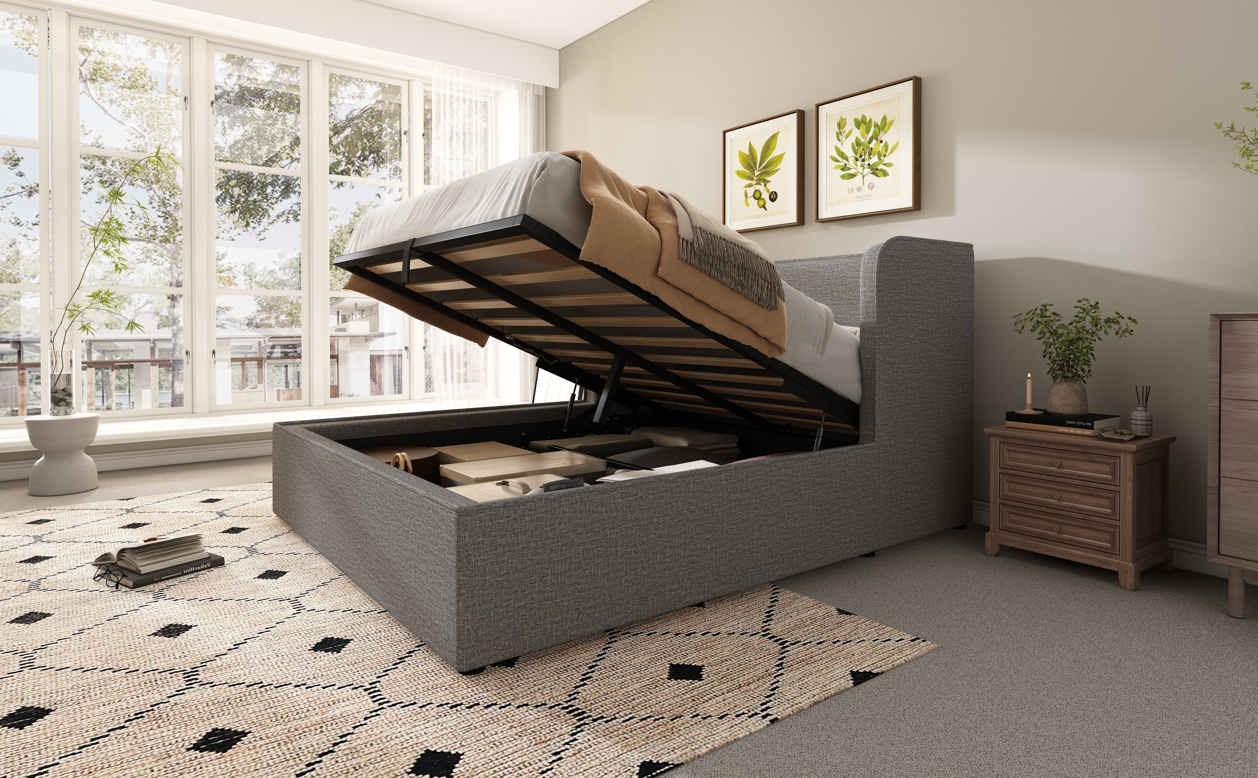 Logidon upholstered bed 160x200 with hydraulic storage space slatted frame gray