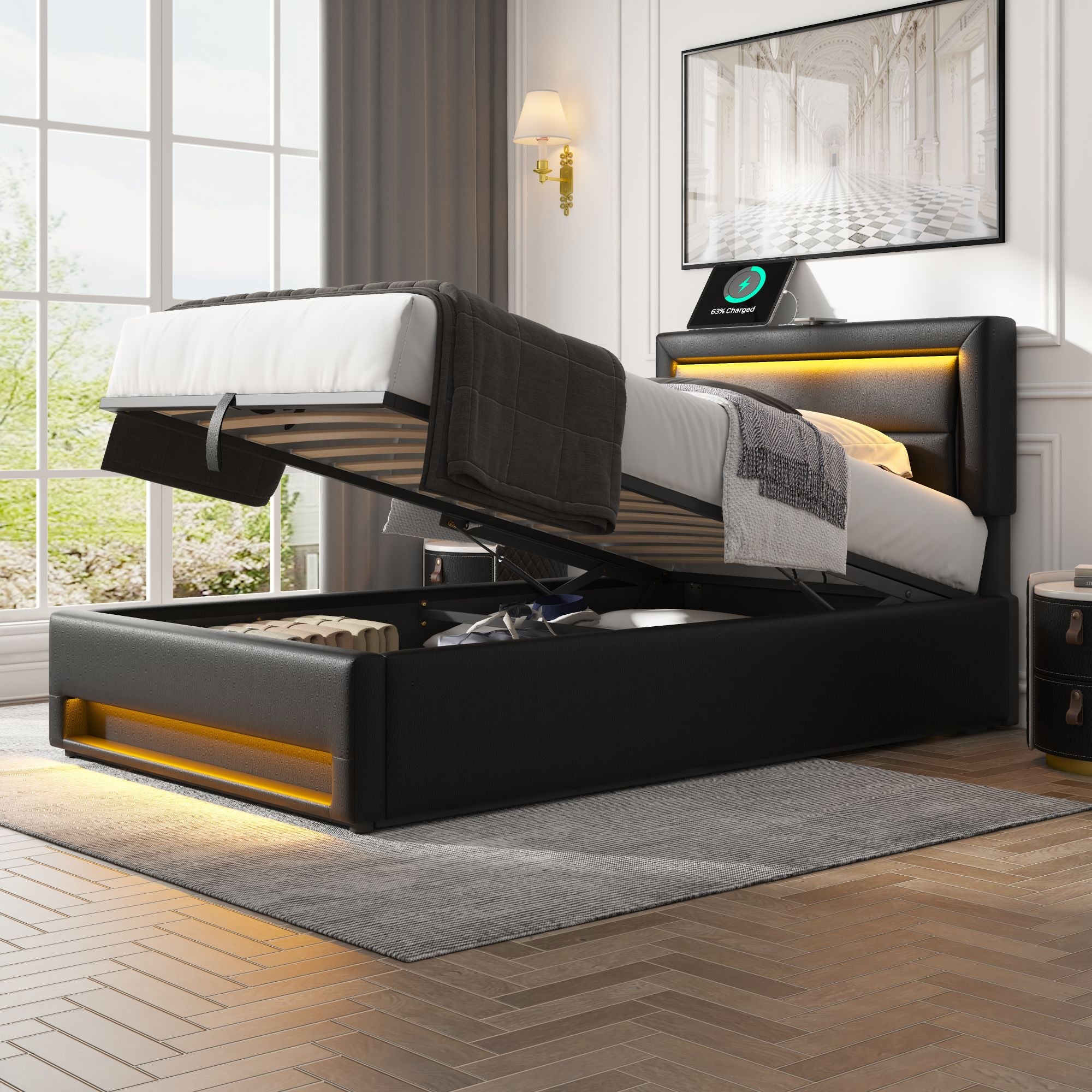Logidon gestoffeerd bed 90x200 zwart USB-oplaadpoort LED-verlichting