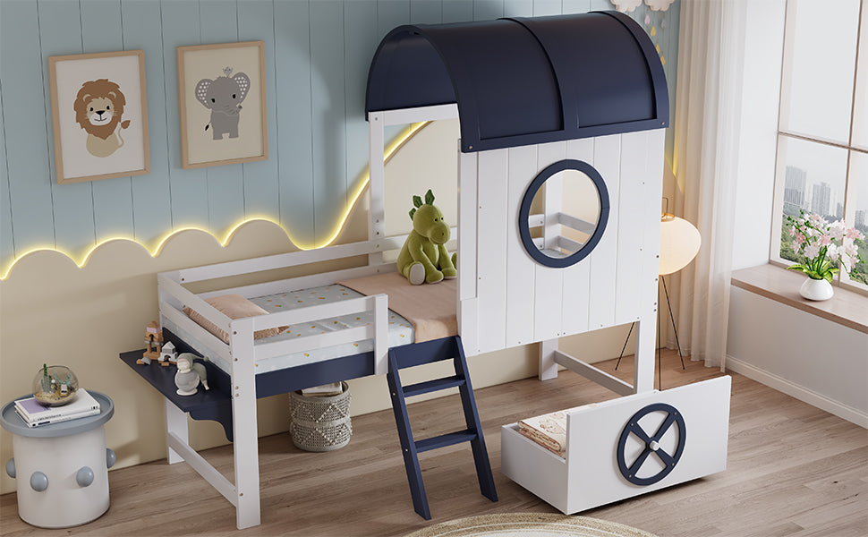 Logidon stapelbed halfhoogslaper 90x200 wit donkerblauw dakraam