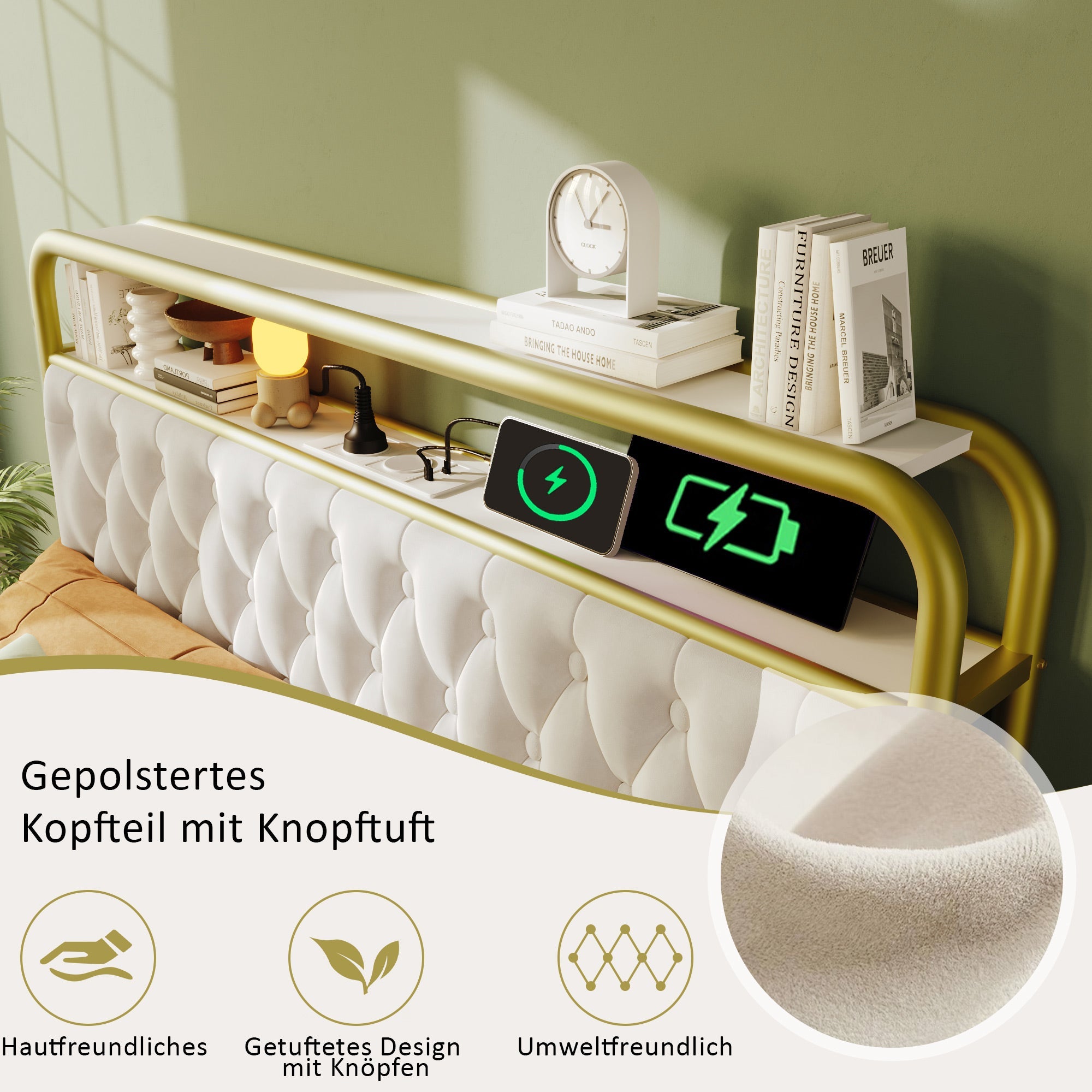Logidon gestoffeerd bed 140x200 USB-C oplaadfunctie LED 4 lades
