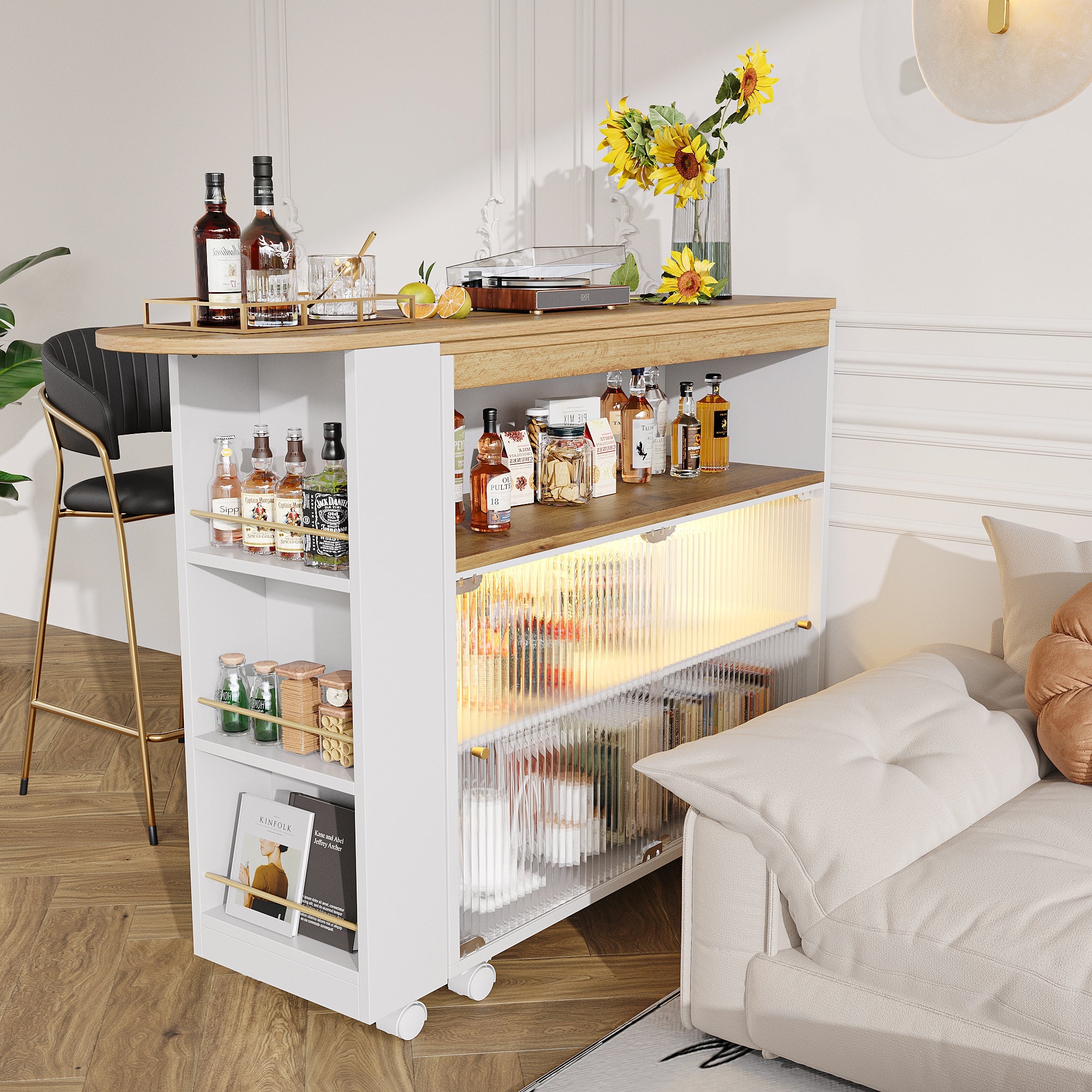 Logidon Uitschuifbare bartafel met opbergruimte LED Wit 138-204 cm
