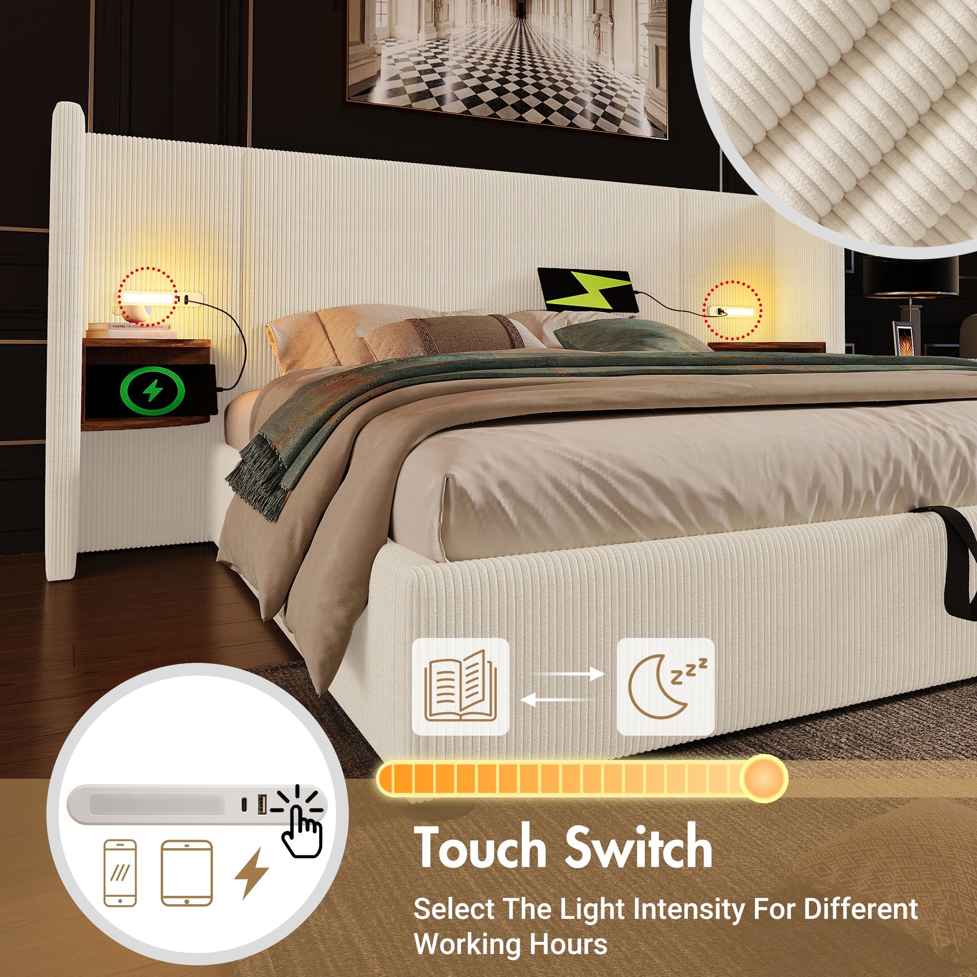 Logidon upholstered bed 160x200 beige white with USB-C charging function