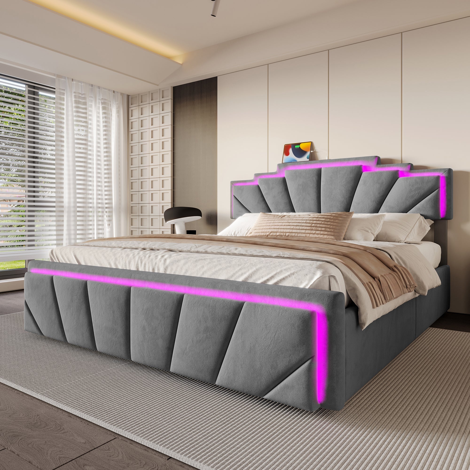Logidon gestoffeerd bed 160x200 cm donkergrijs fluweel LED-hoofdbord