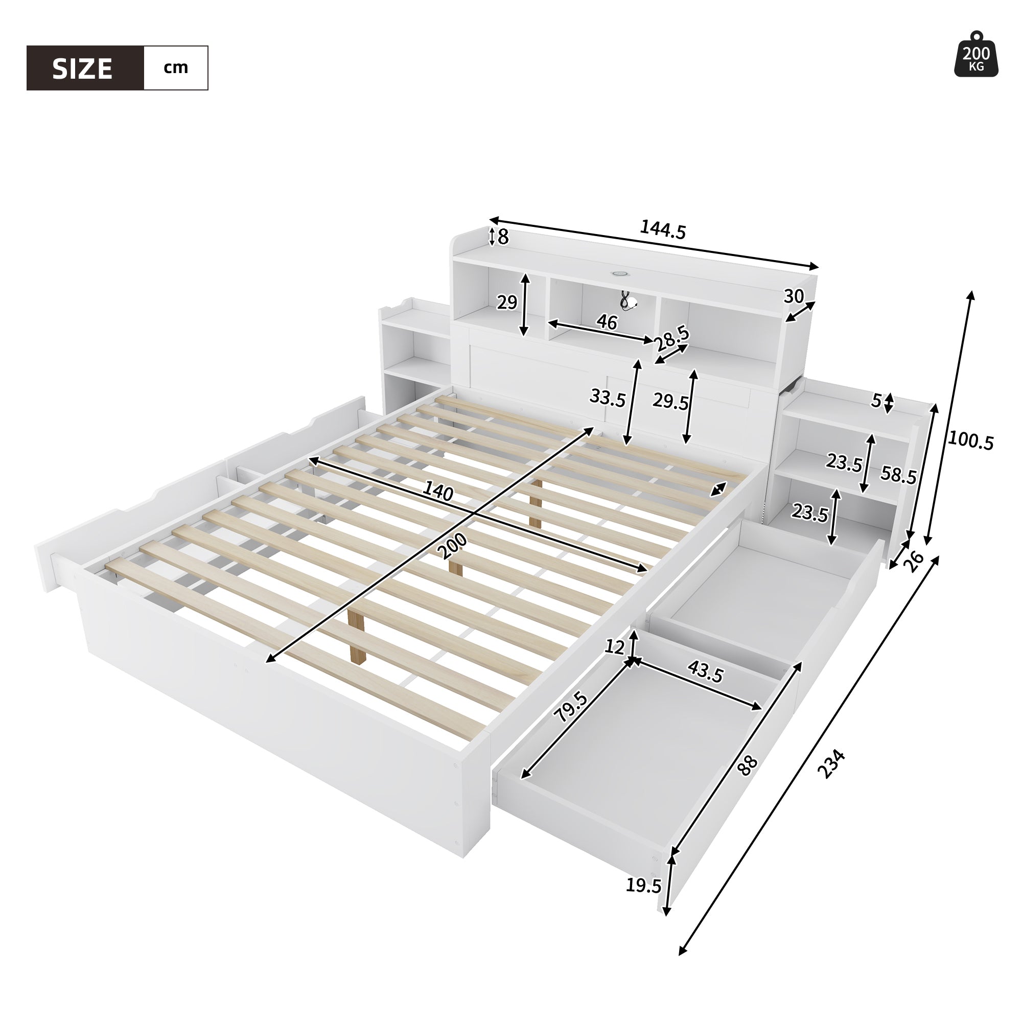 Logidon tweepersoonsbed 140x200 wit met lattenbodem uitschuifbare nachtkastjes