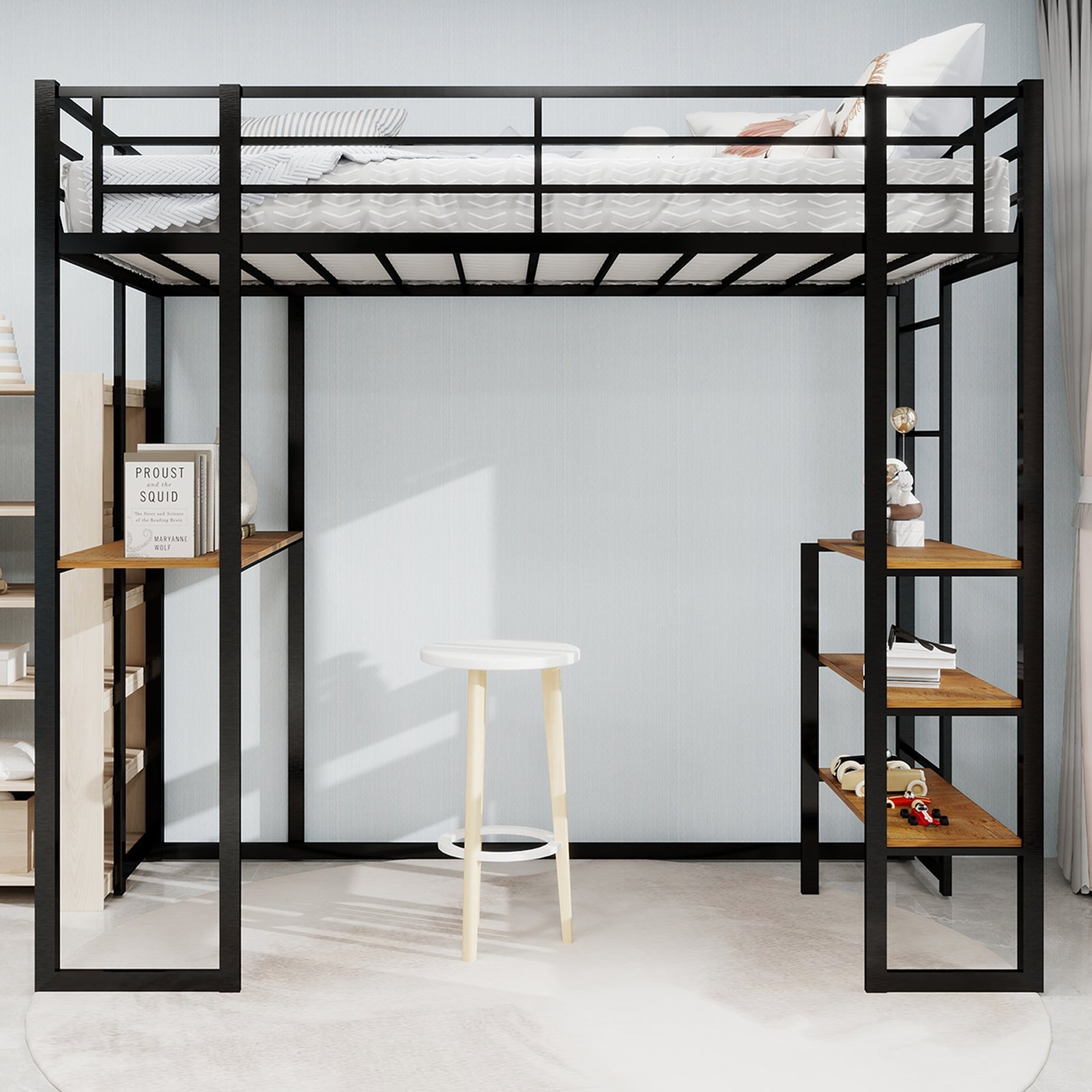 Logidon ijzeren framebed met L-bureau en trap zwart