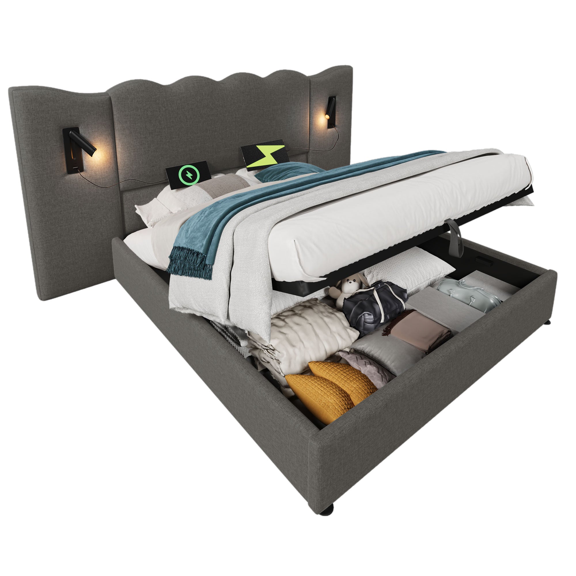 Logidon gestoffeerd bed 160x200 grijs linnen met USB Type C oplaadfunctie