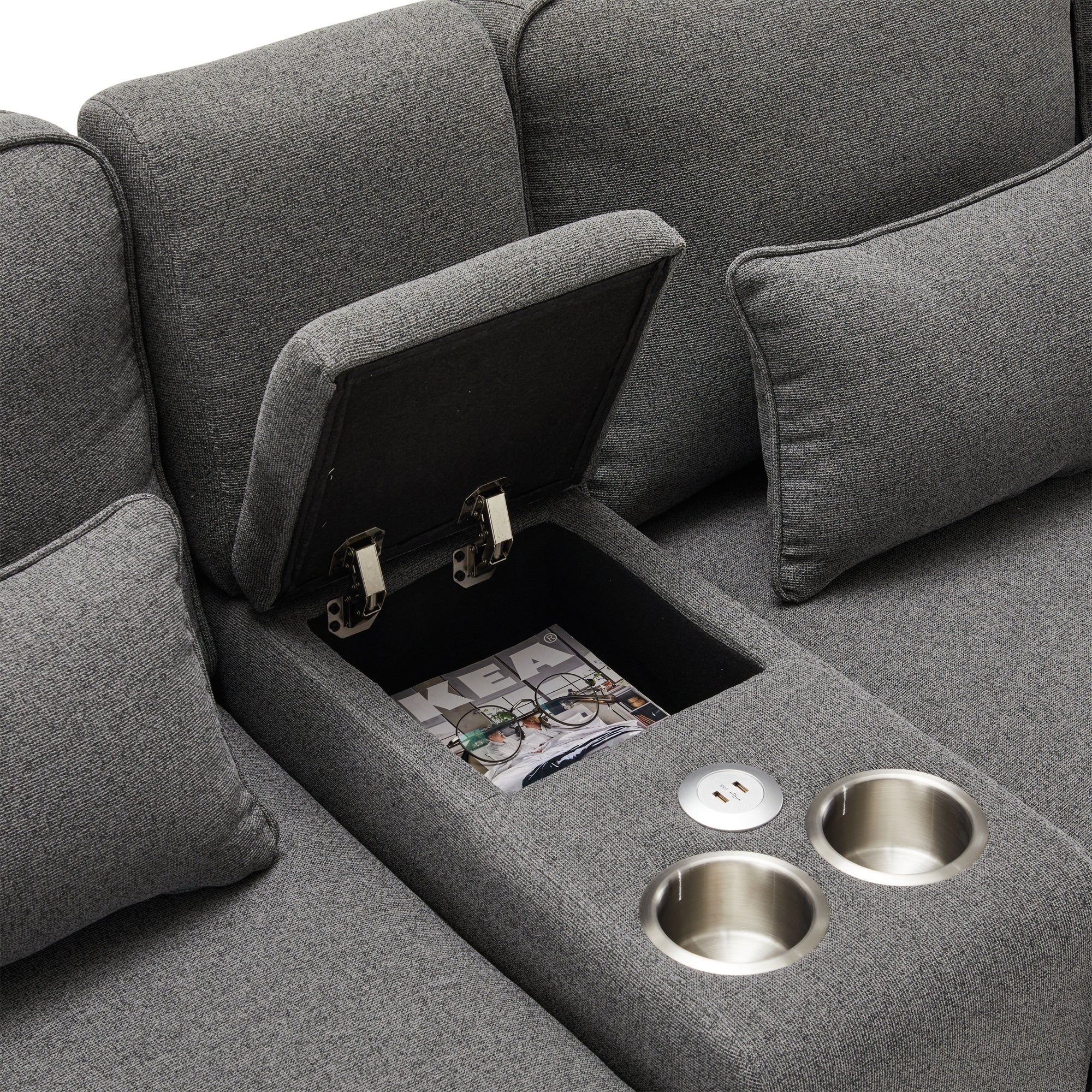 Logidon moderne 4-zits linnen bank donkergrijs met USB-oplaadpoorten