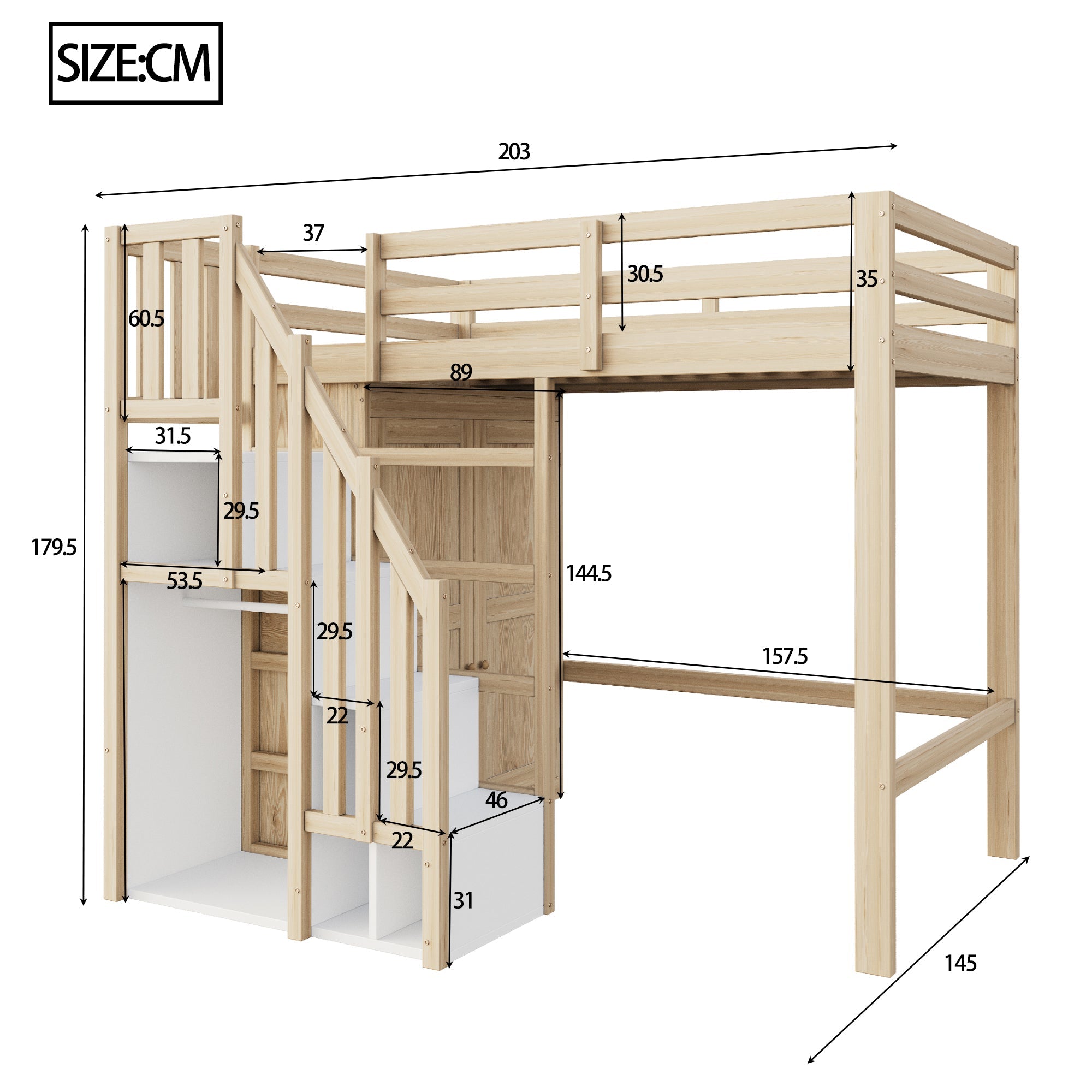 Logidon hoogslaper 90x200 cm opbergruimte veiligheidsladder massief hout