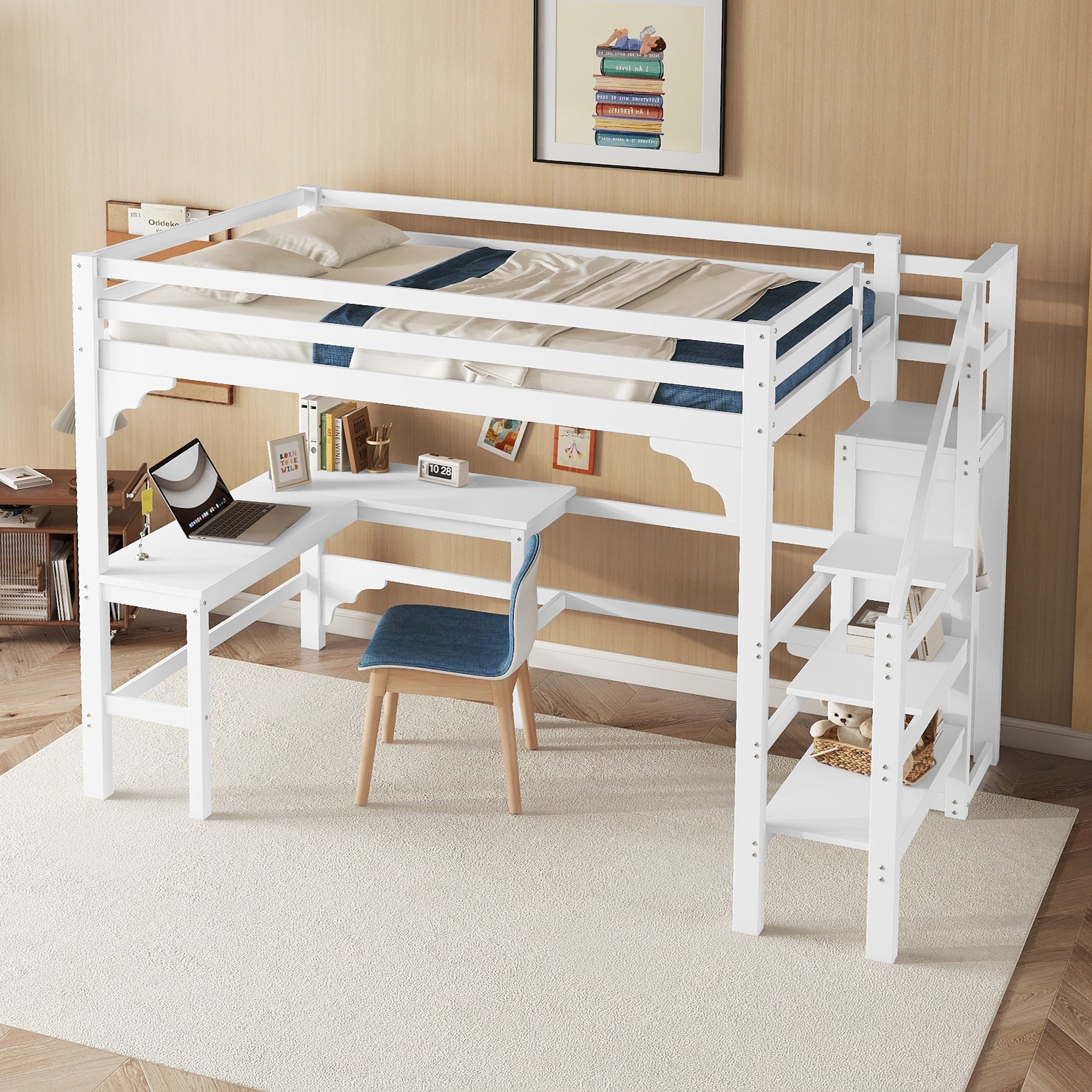 Logidon hoogslaper 140x200 cm wit met L-vormig bureau en opbergruimte