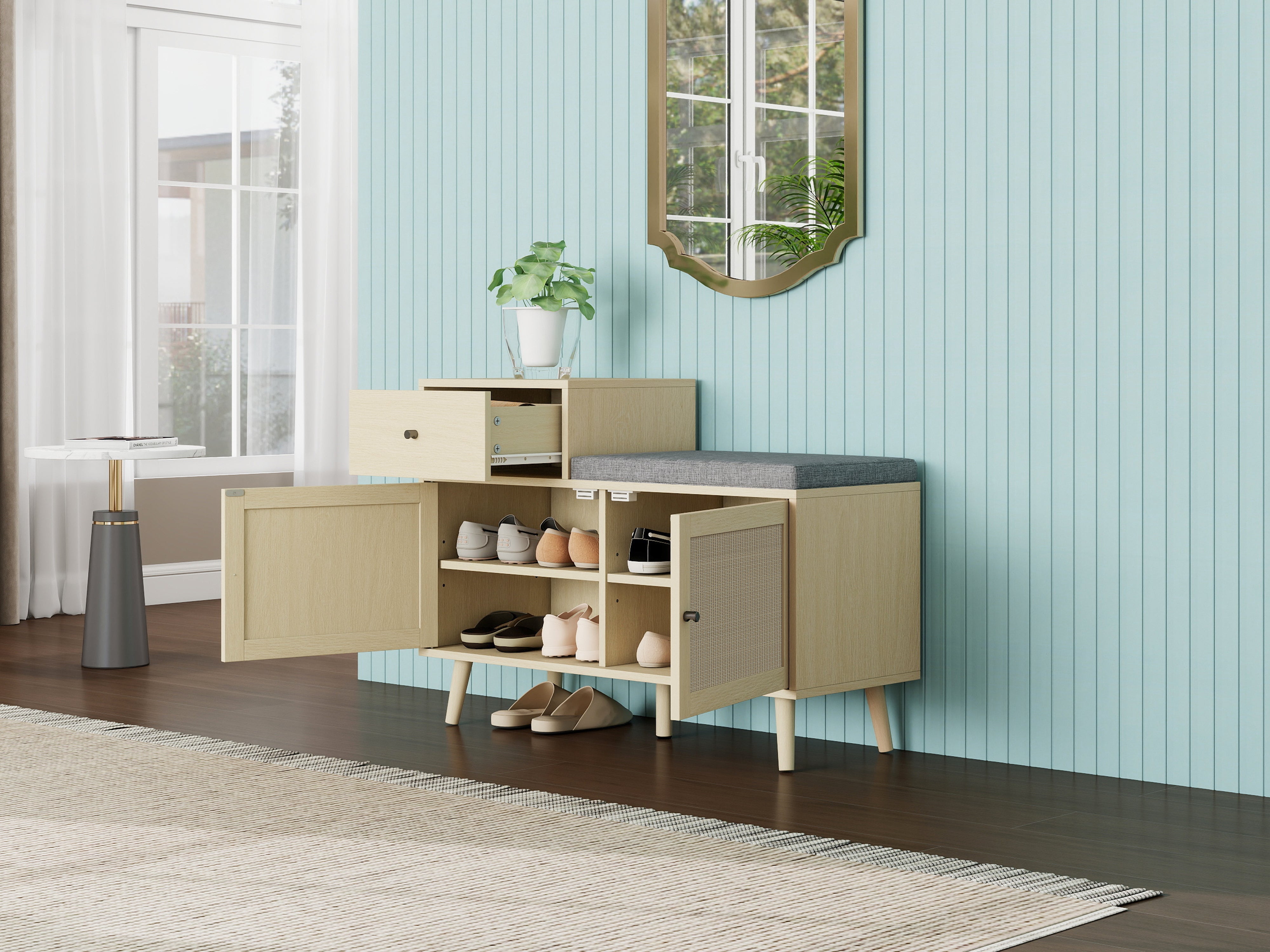 Logidon Boho shoe bench with rattan doors and drawer 90x35x65 cm