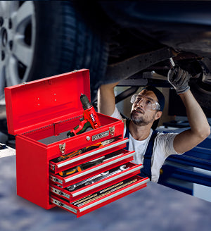 Logidon metal tool box red, 4 drawers, protective padding, lock