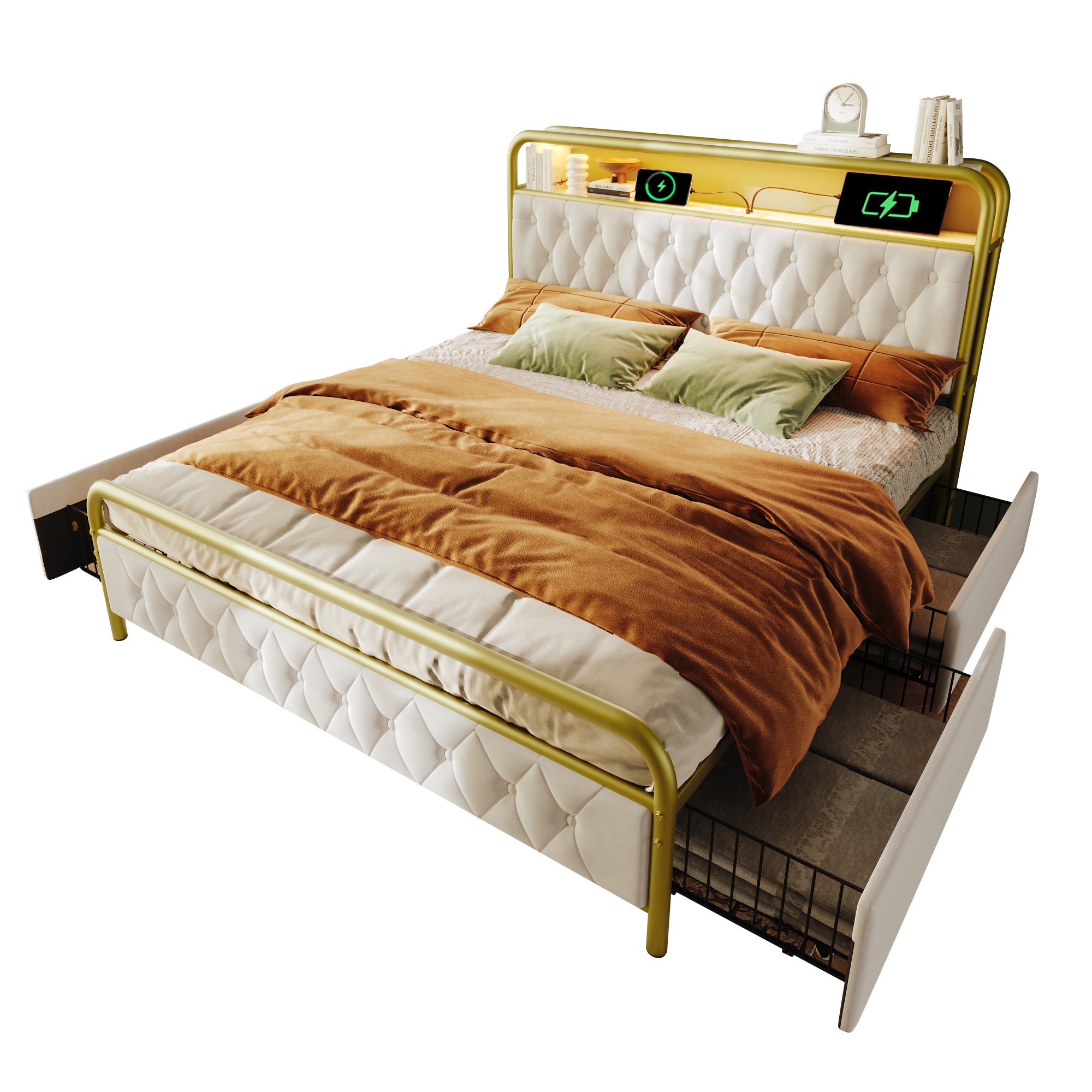 Logidon fluwelen gestoffeerd bed 160x200 wit USB Type C LED app oplaadfunctie