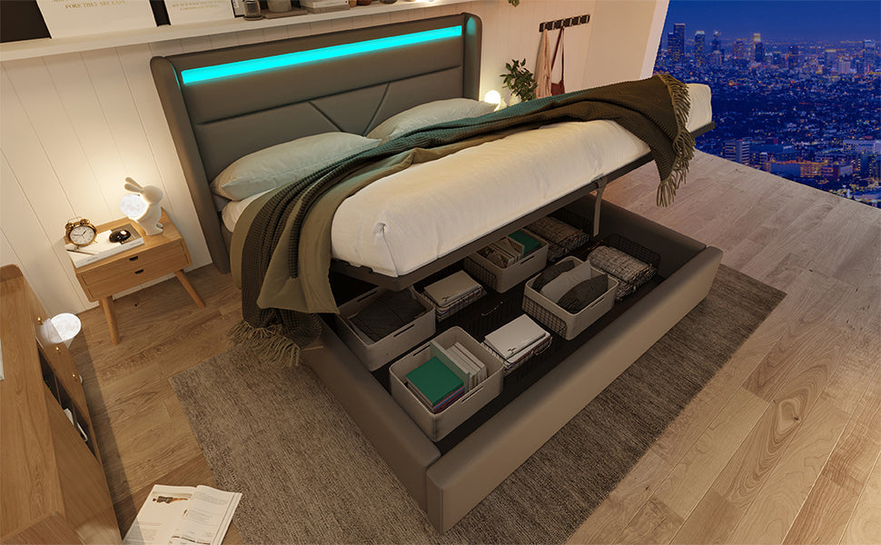 Logidon hydraulisch opbergbed 140x200 grijze LED-verlichting