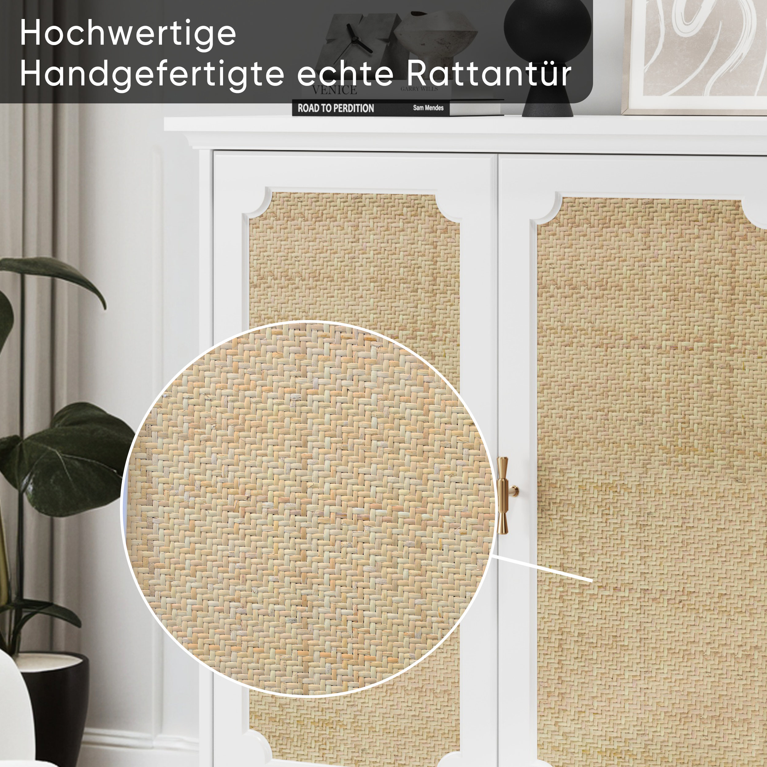 Logidon Dressoir Wit 80x38x86 cm met rotan sierdeuren