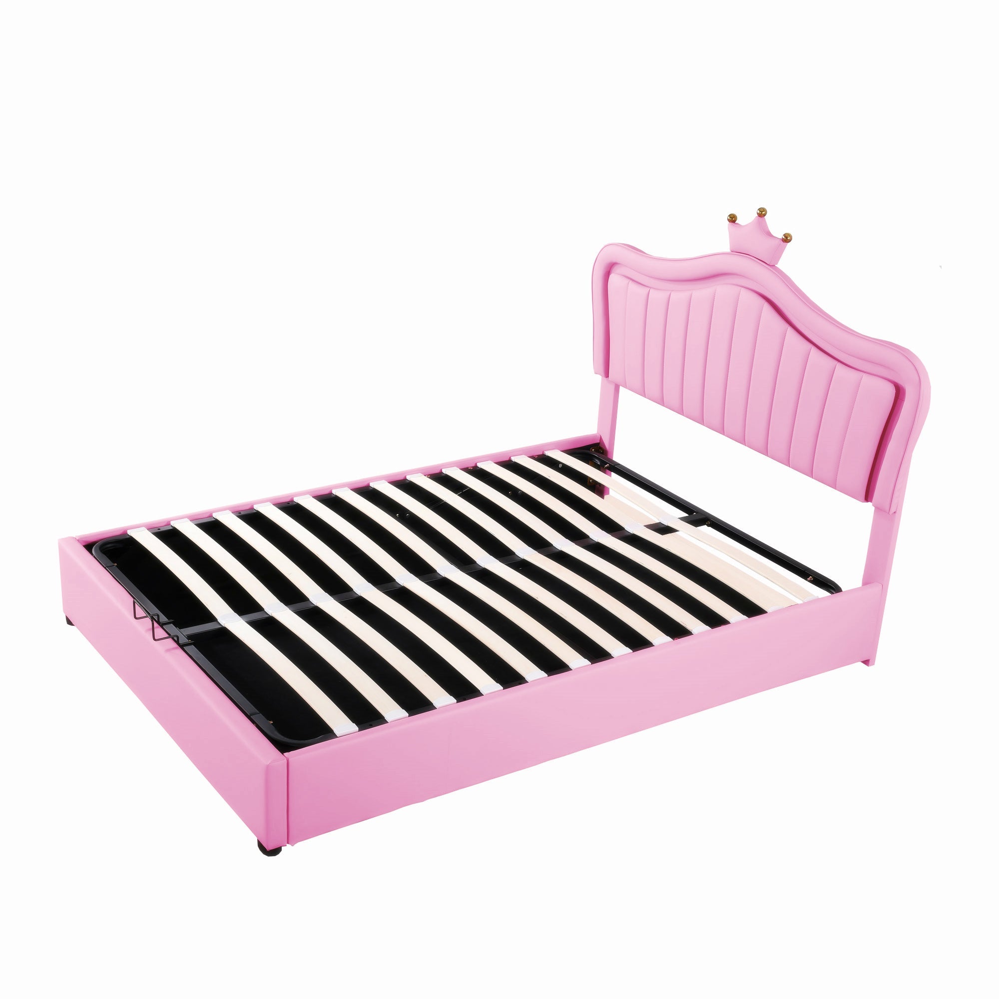 Logidon kinderbed 140x200 roze gestoffeerd bed met hydraulische opbergruimte