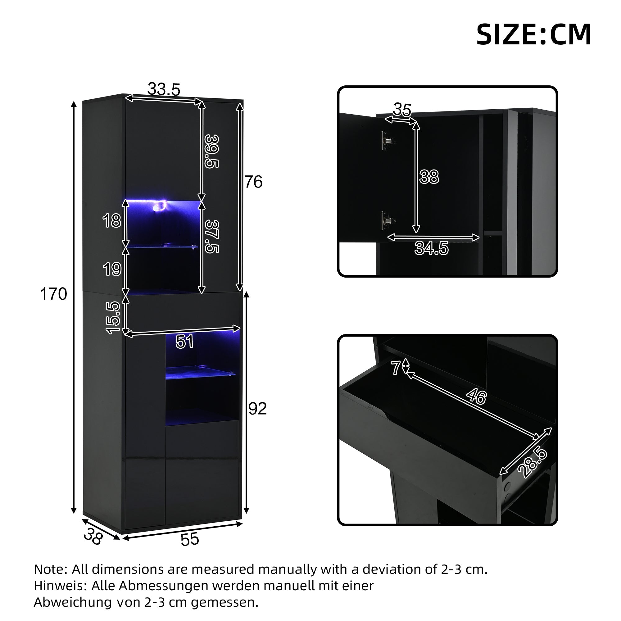 Logidon zwarte hoogglans glazen vitrine 55 x 38 x 170 cm LED-verlichting