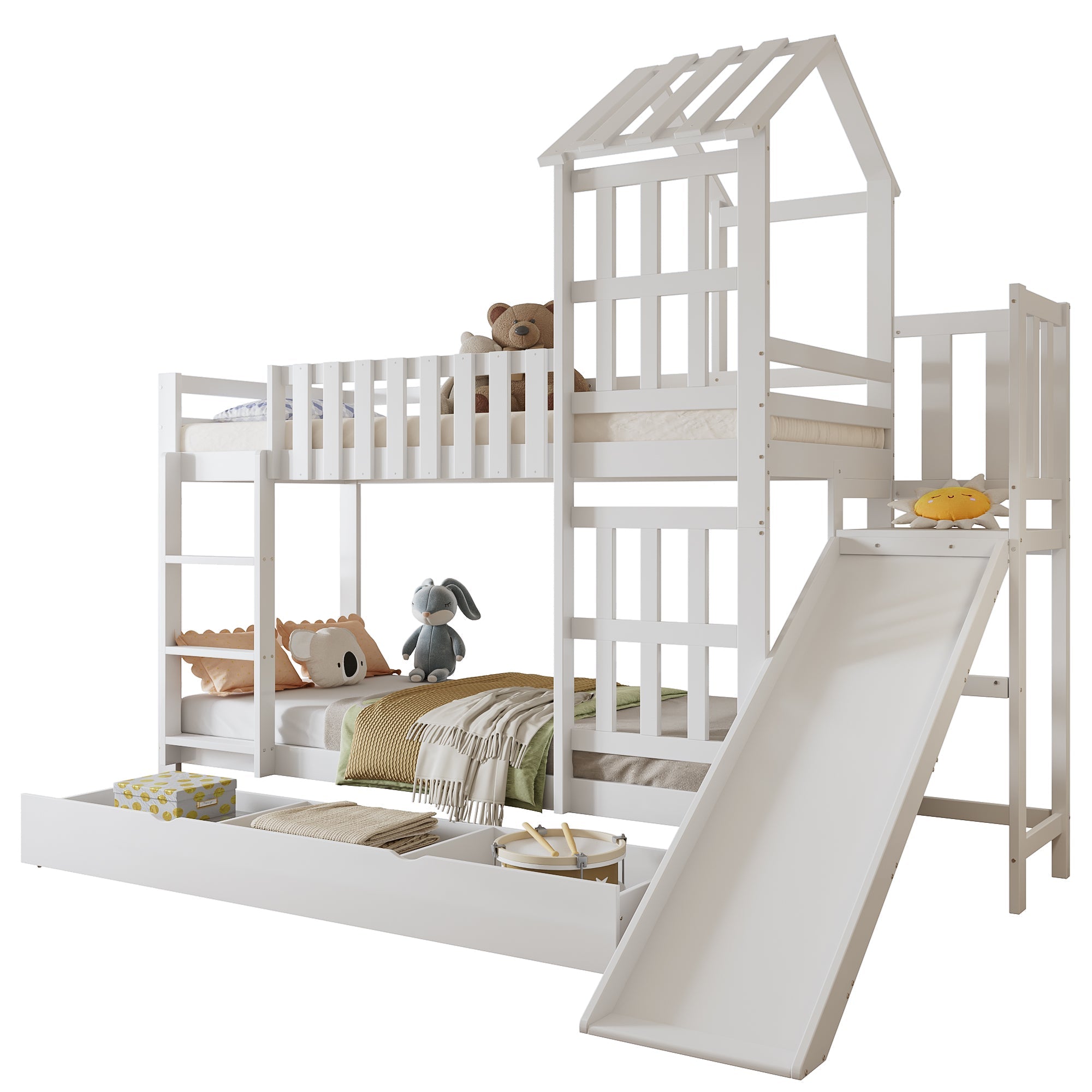 Logidon stapelbed met glijbaan en grote lade 90x200 wit