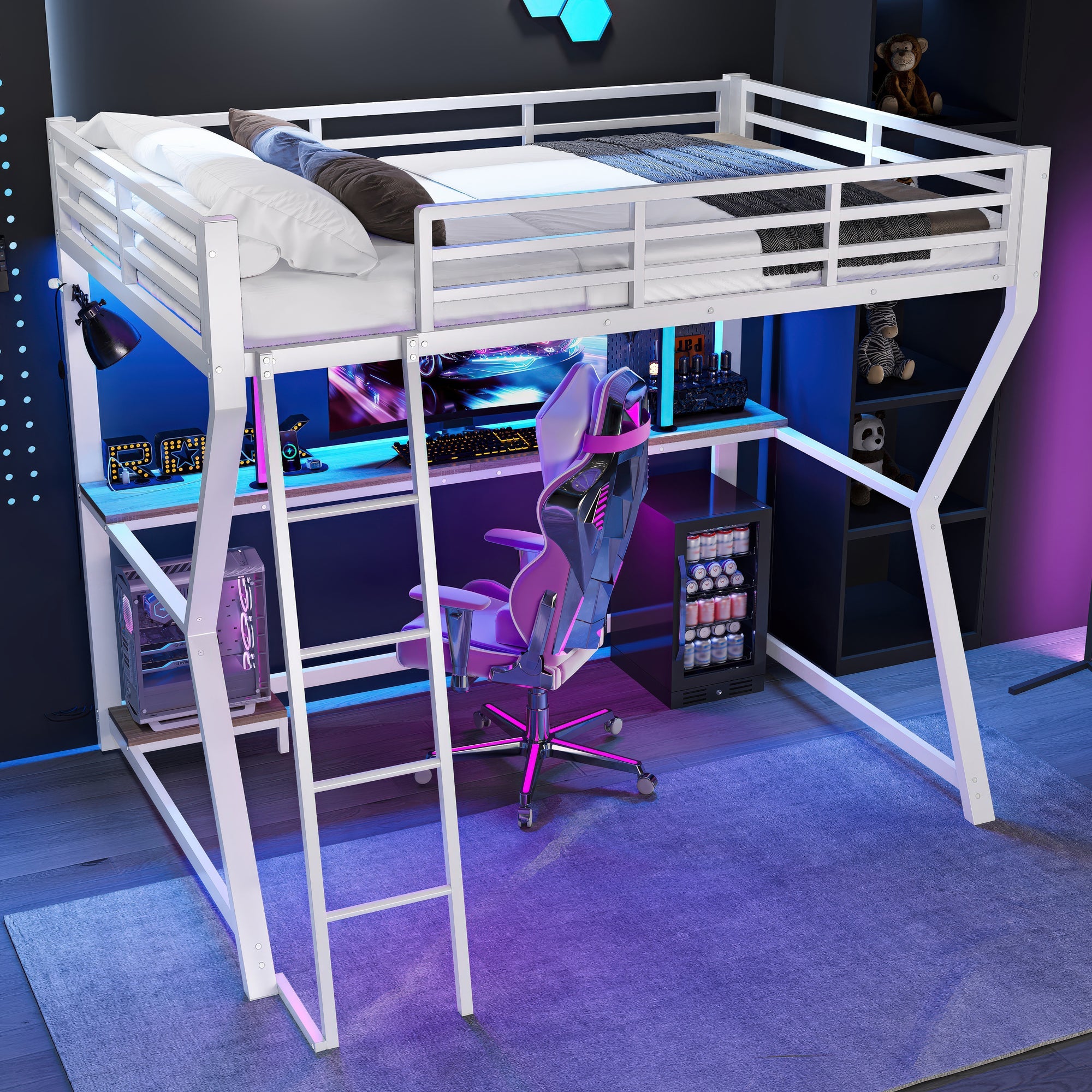 Logidon loft bed 90x200 with LED lighting and computer console white