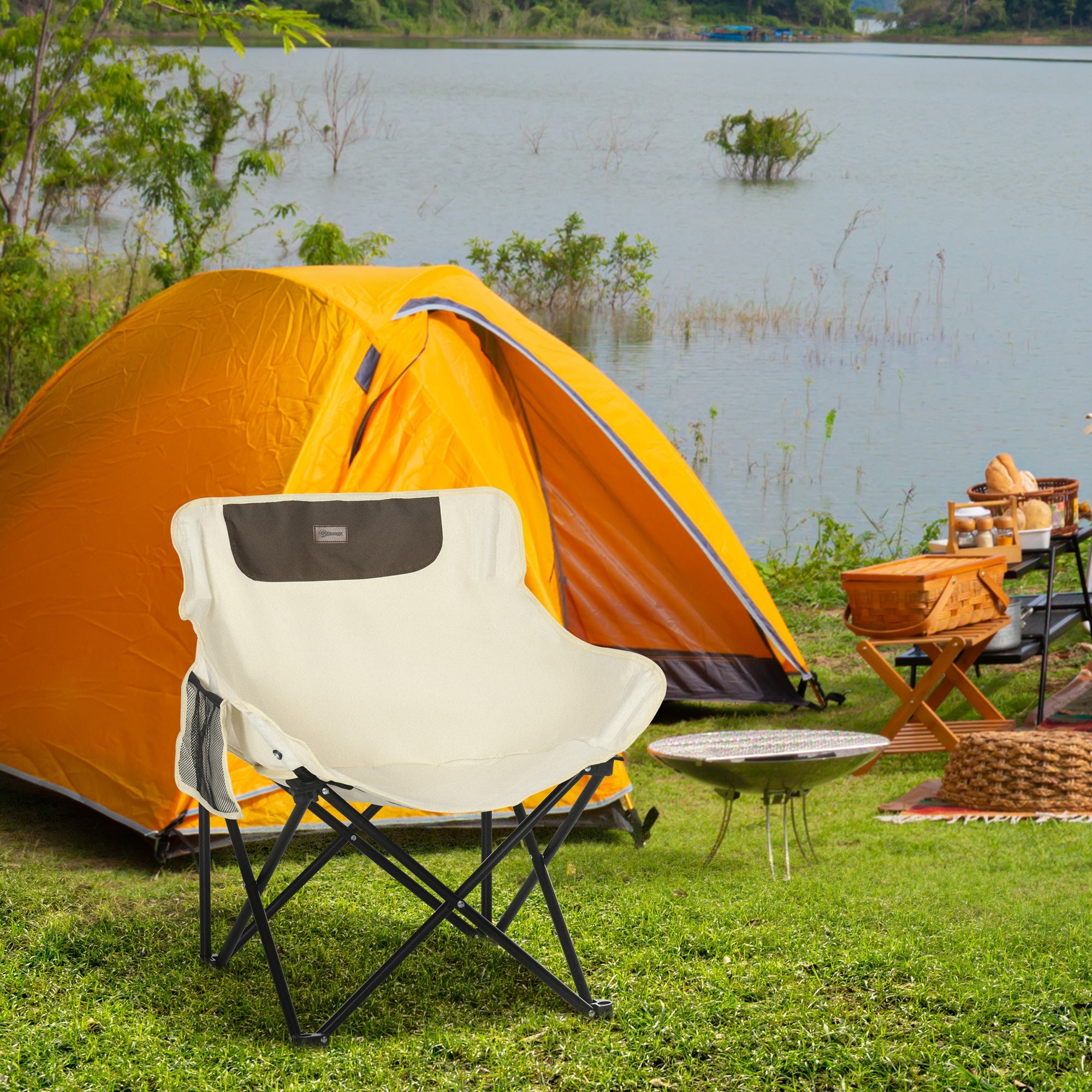 Logidon campingstoel klapstoel wit 61x54x66 cm met zijvak stalen poten