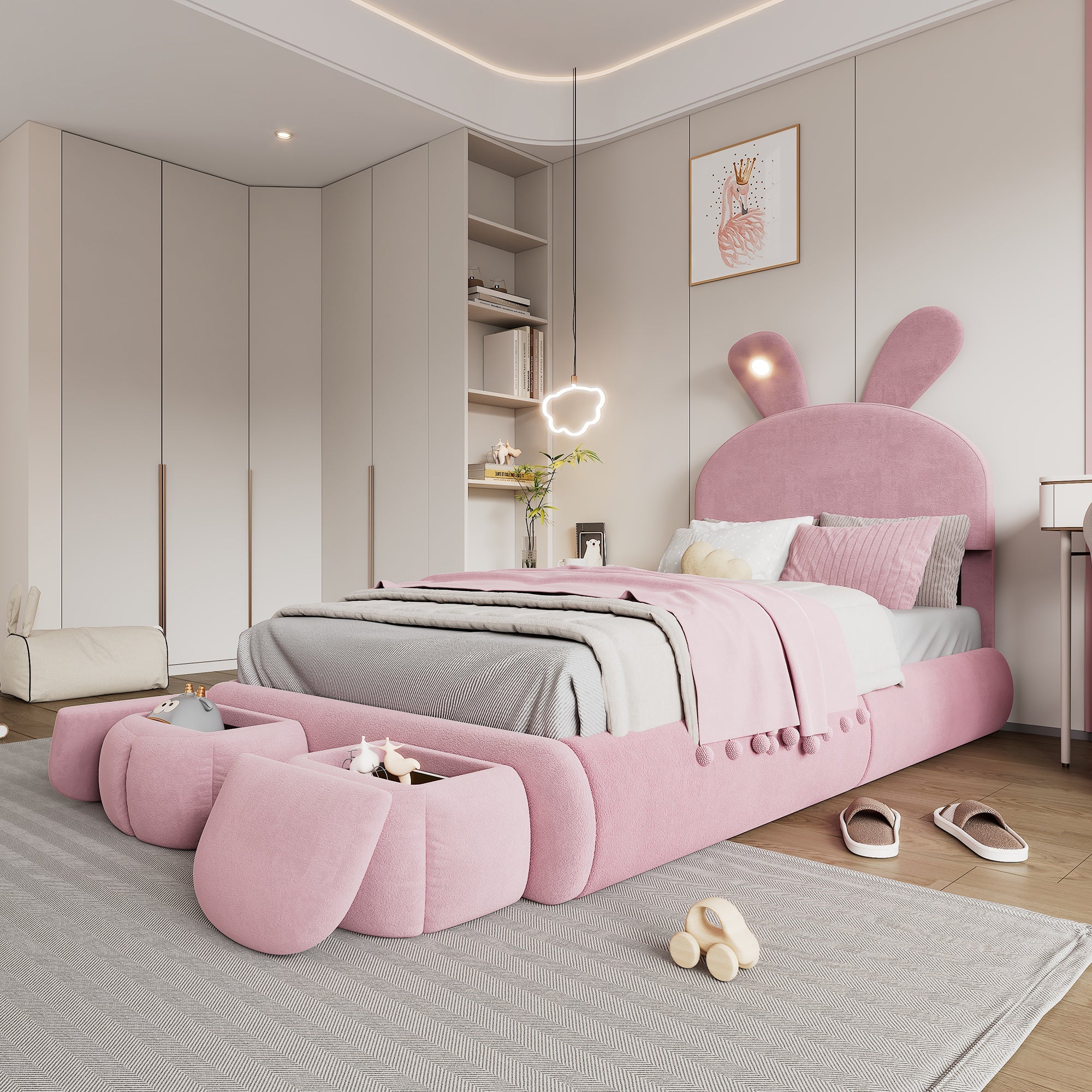 Logidon Upholstered Bed Rabbit Ears Pink 90x200 cm With Adjustable Brightness