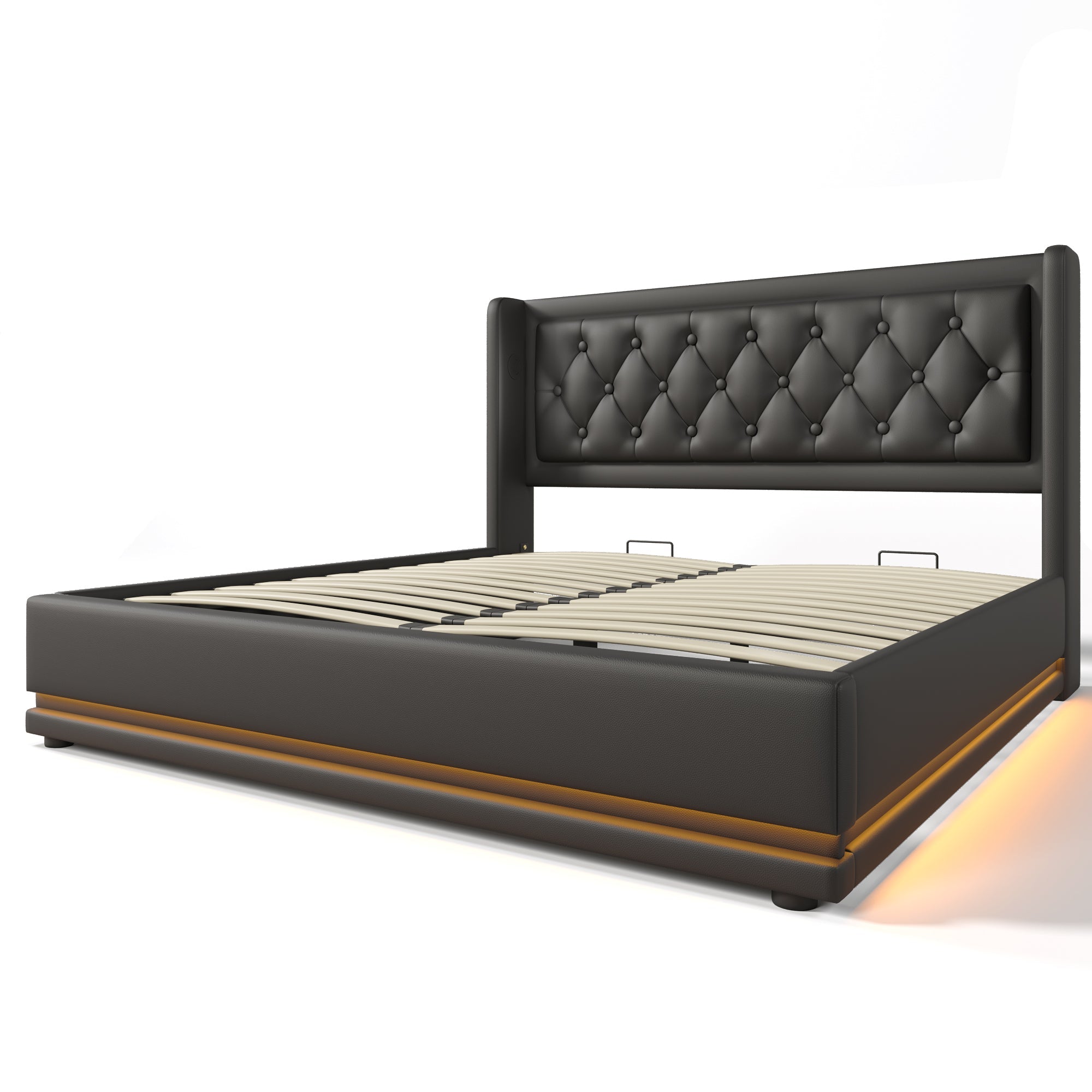 Logidon upholstered bed 140x200 black PU hydraulic storage space USB Type C charging function