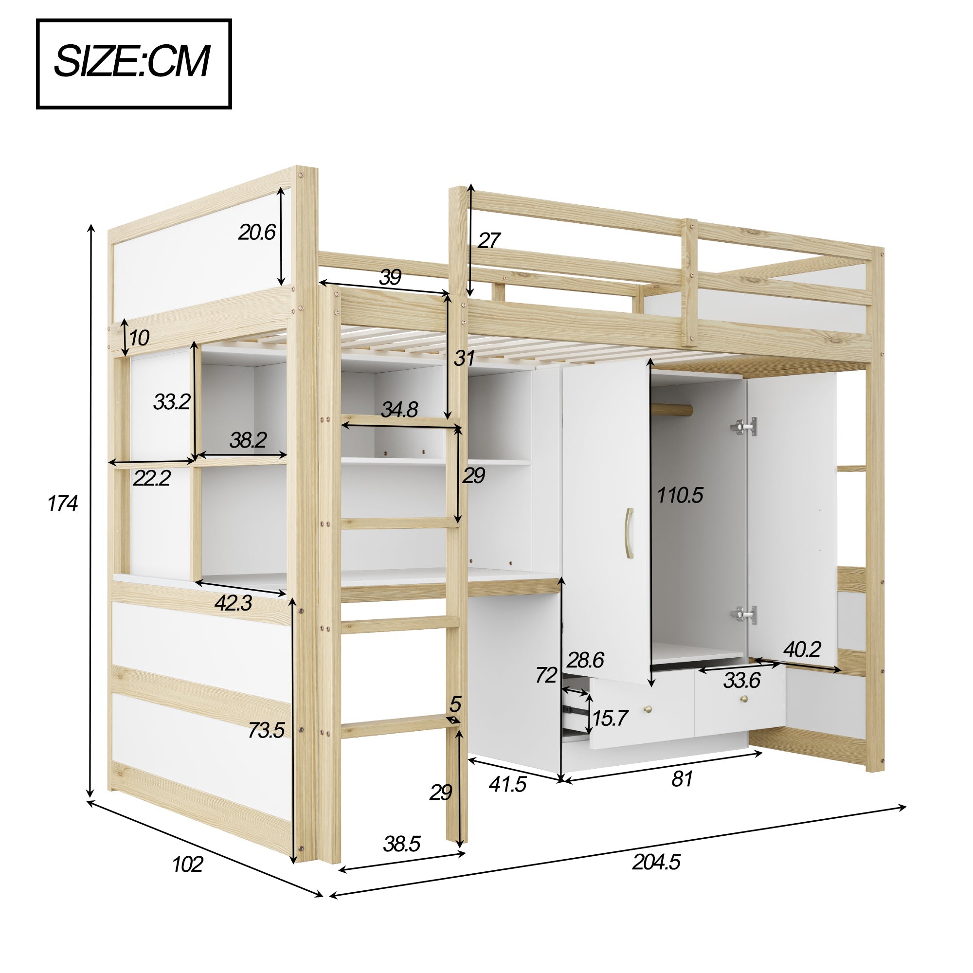 Logidon hoogslaper 90x200 cm met bureau en opbergruimte naturel hout