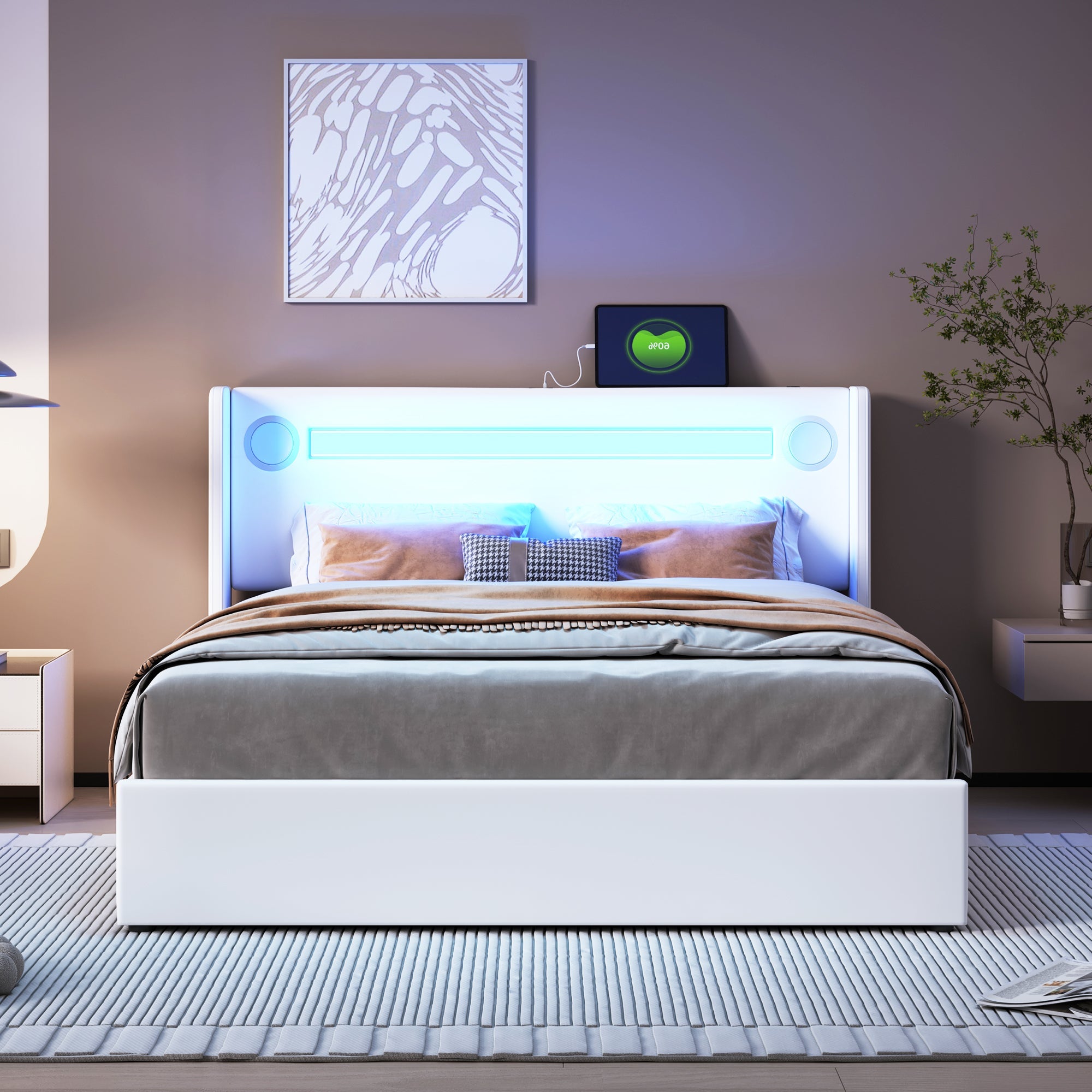 Logidon gestoffeerd bed 140x200 wit LED-licht USB Bluetooth opbergruimte