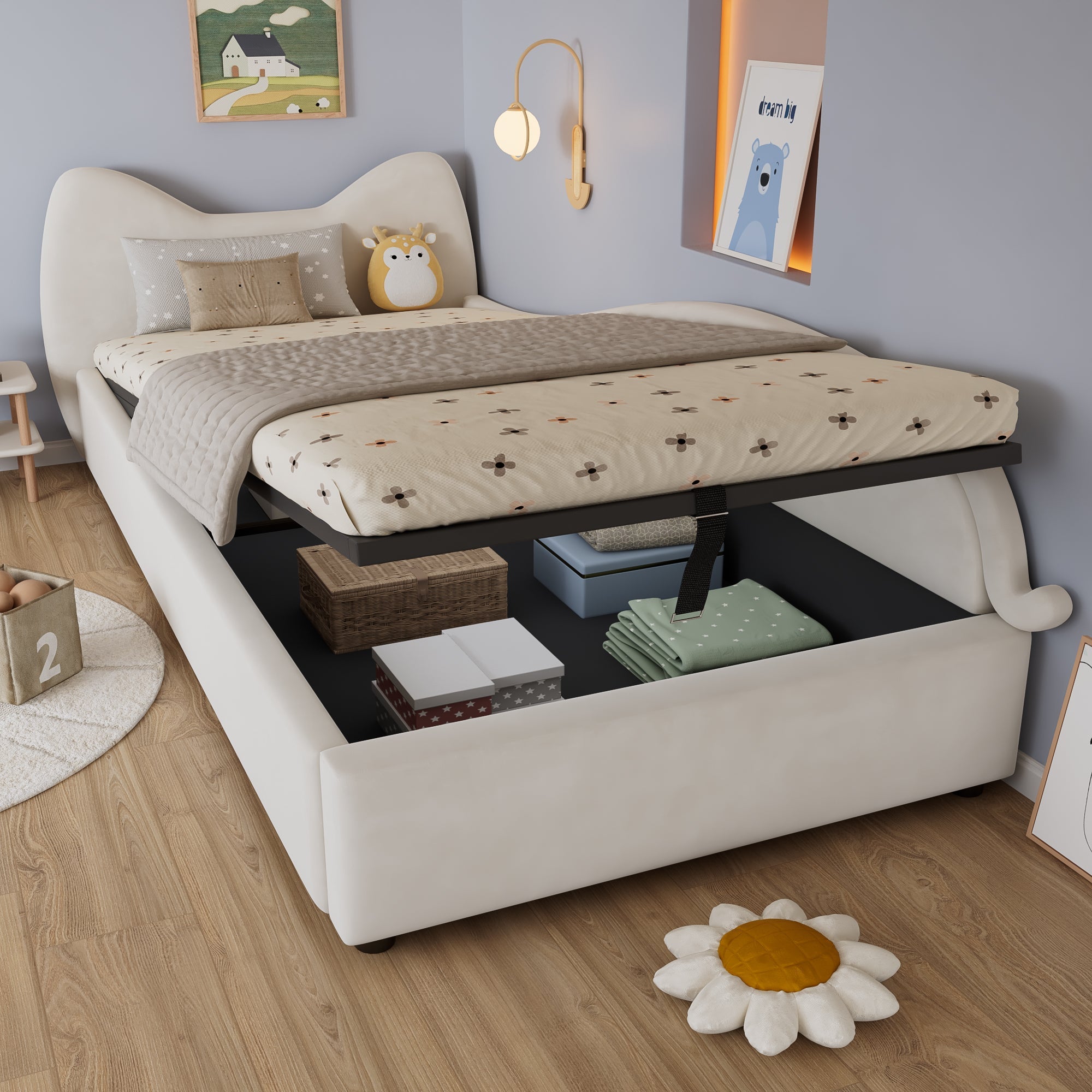Logidon gestoffeerd bed 90x200 beige cat design hydraulische opbergruimte