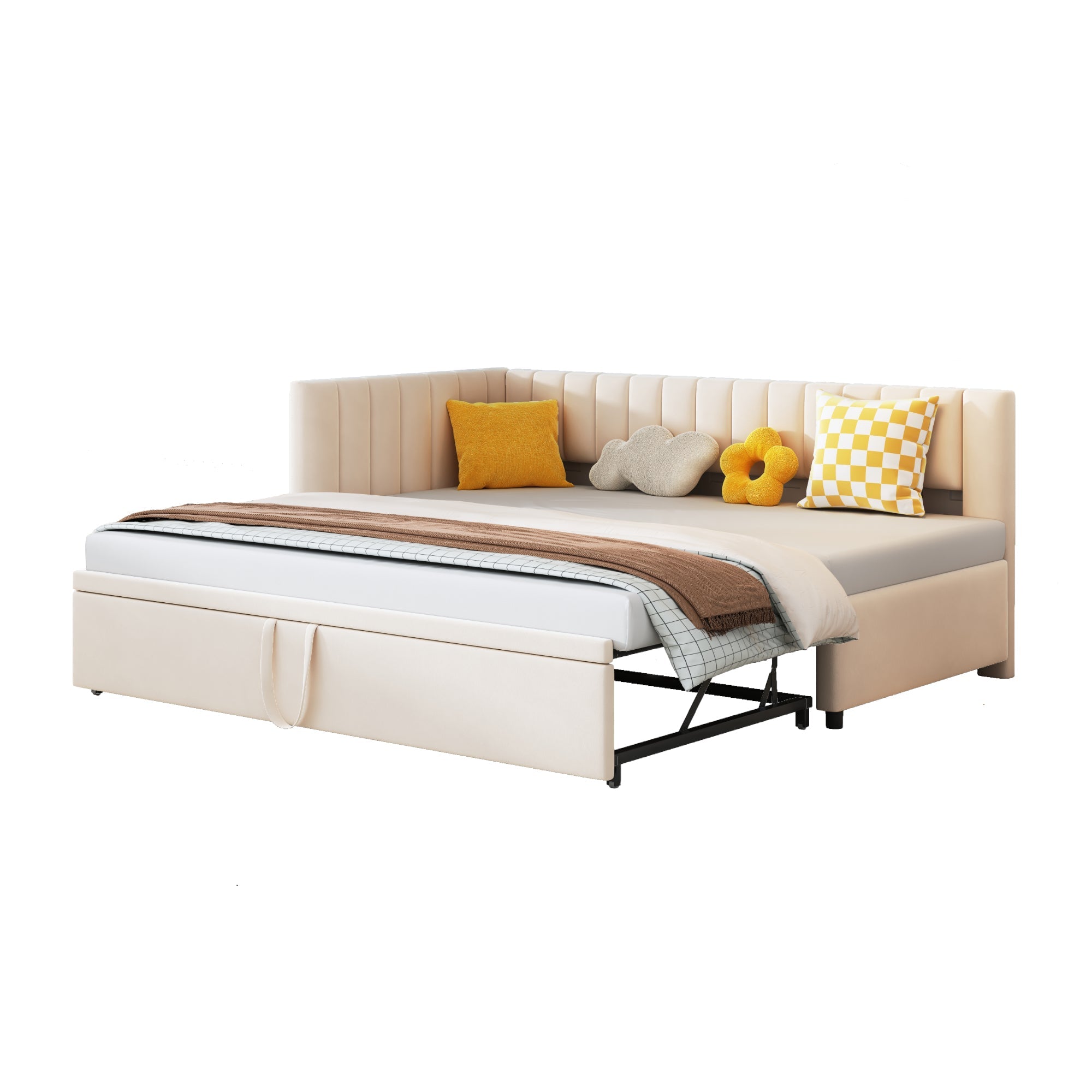 Logidon slaapbank L-vorm beige fluwelen uitschuifbed 90/180x200