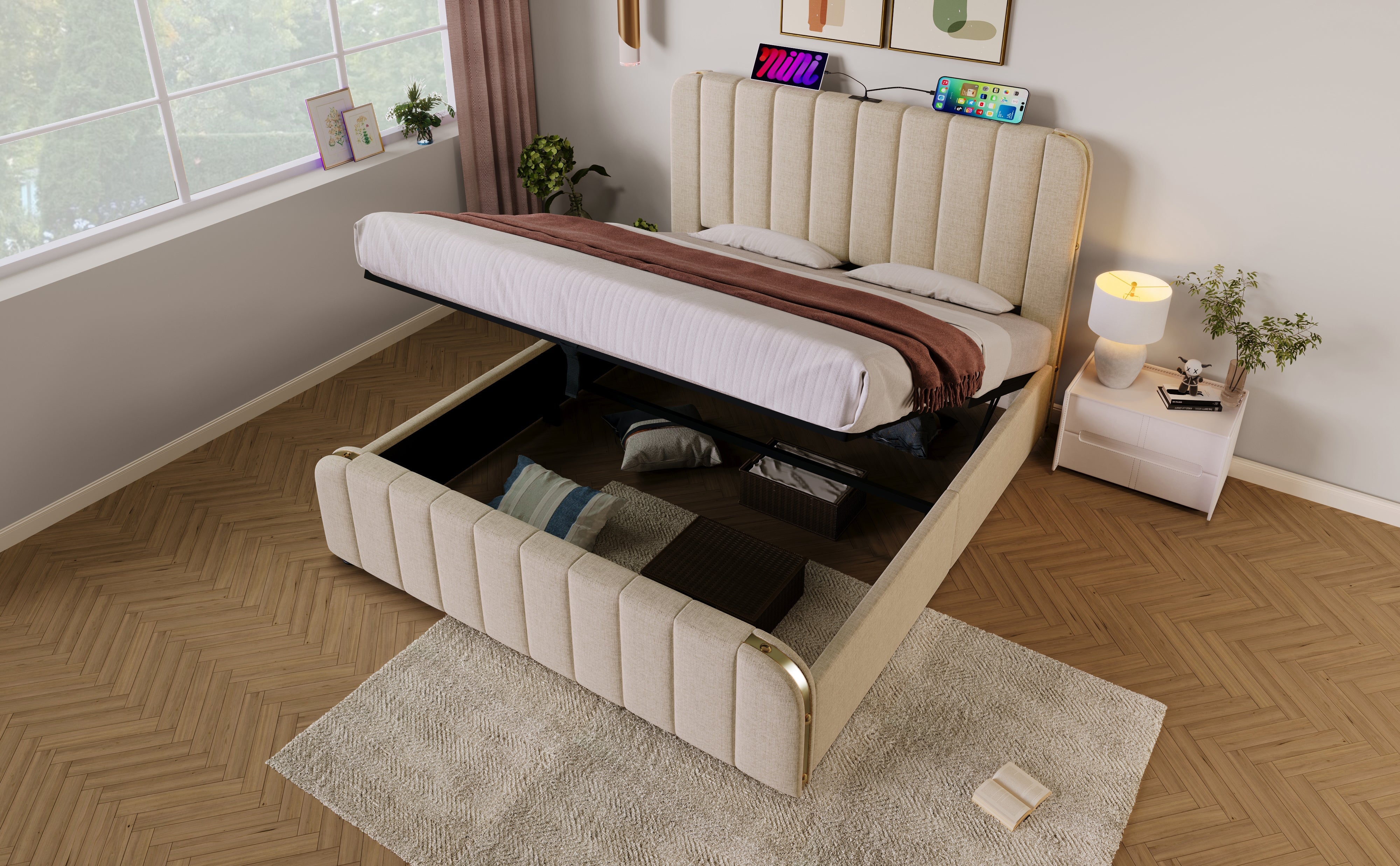 Logidon gestoffeerd bed 160x200 beige linnen, USB-C oplaadfunctie
