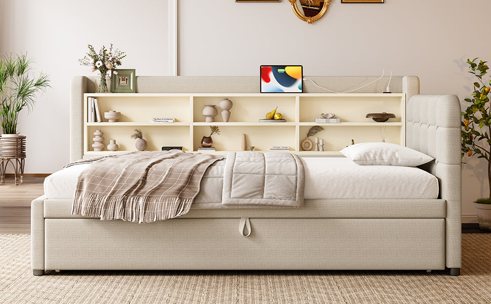 Logidon Daybed 90x200 beige linnen uitschuifbare slaapbank USB Type C