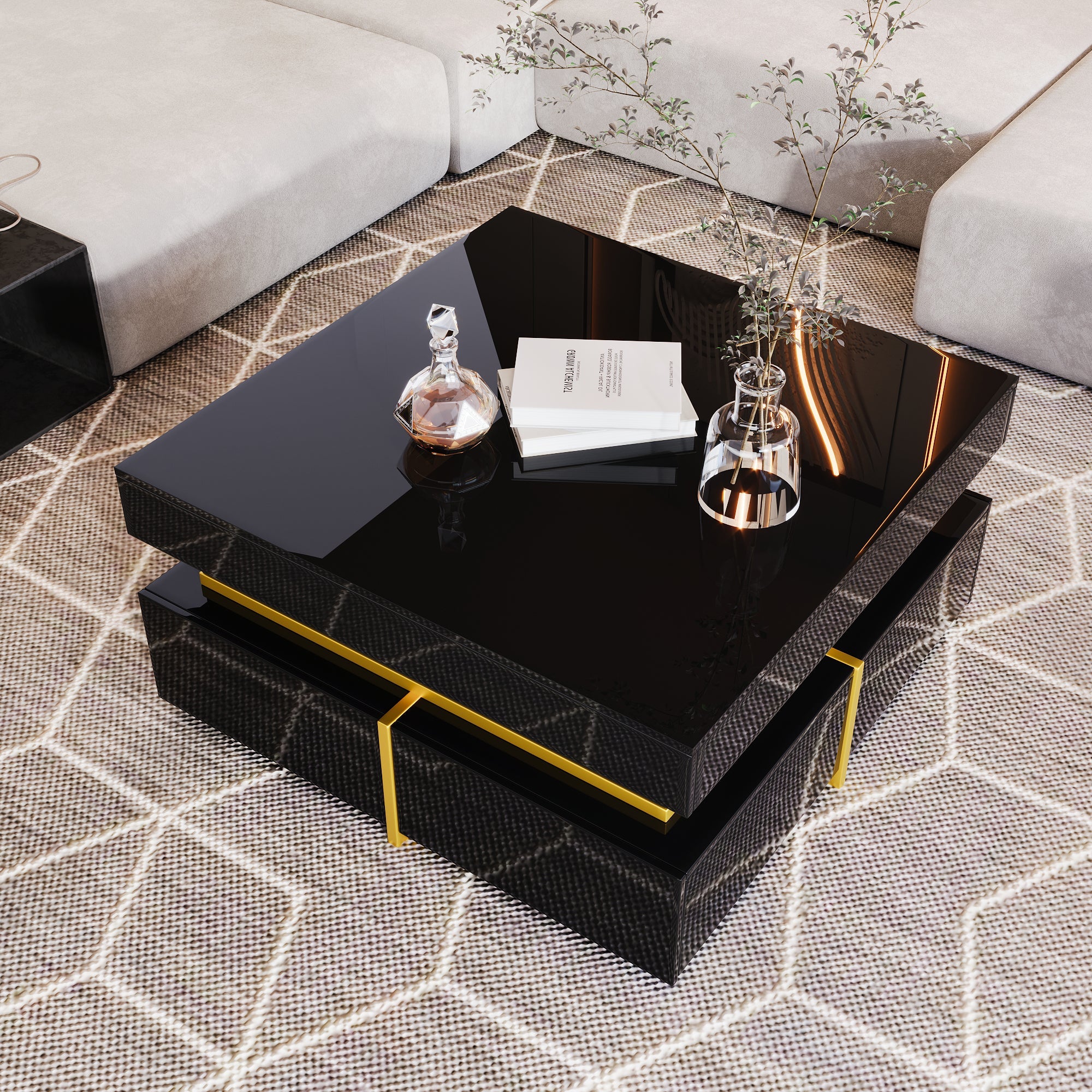 Logidon high gloss coffee table with gold accents and drawers