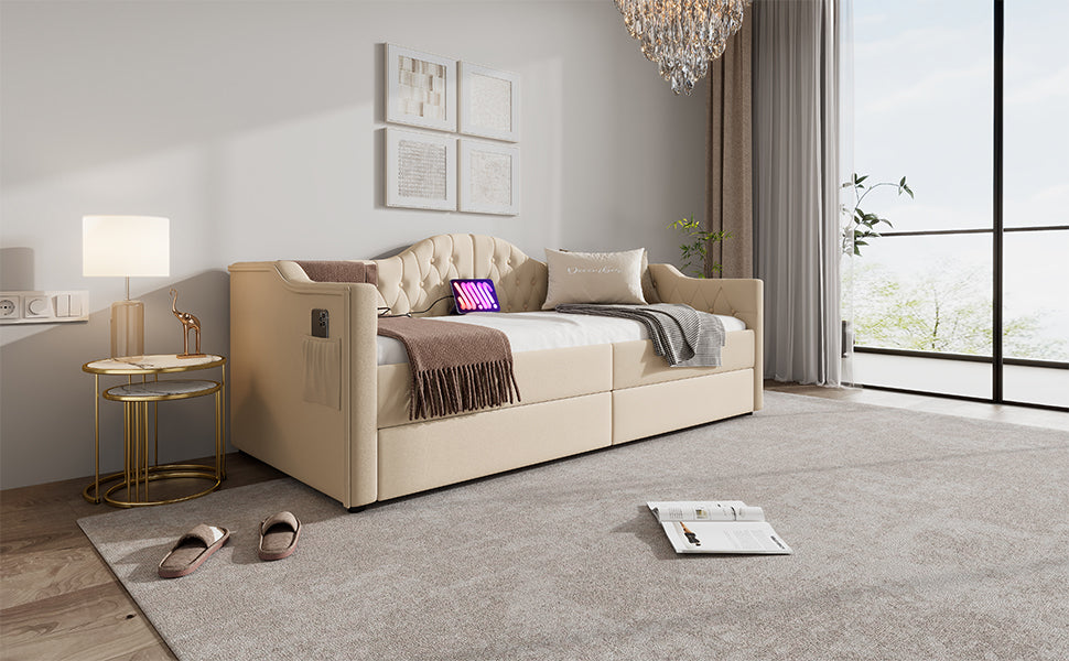 Logidon gestoffeerde slaapbank 90x200 beige USB-oplaadfunctie 2 compartimenten