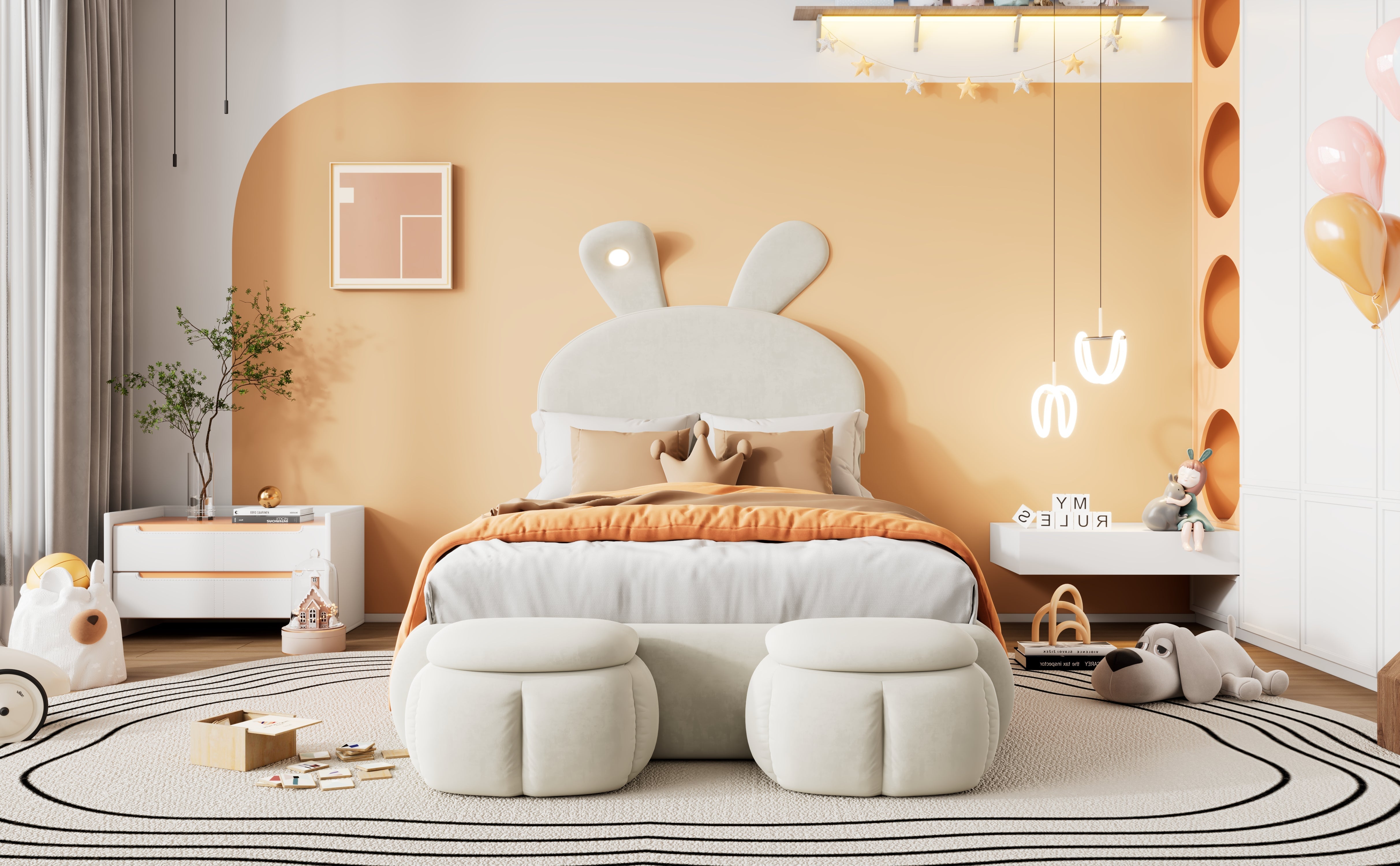 Logidon gestoffeerd bed 90x200 beige fluwelen opbergkruk met konijnenoren