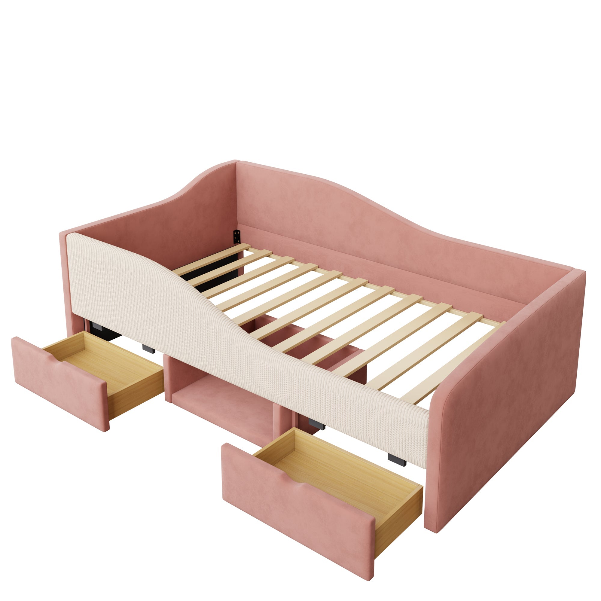 Logidon gestoffeerd bed 90x190 roze crème wit fluweel stof twee lades