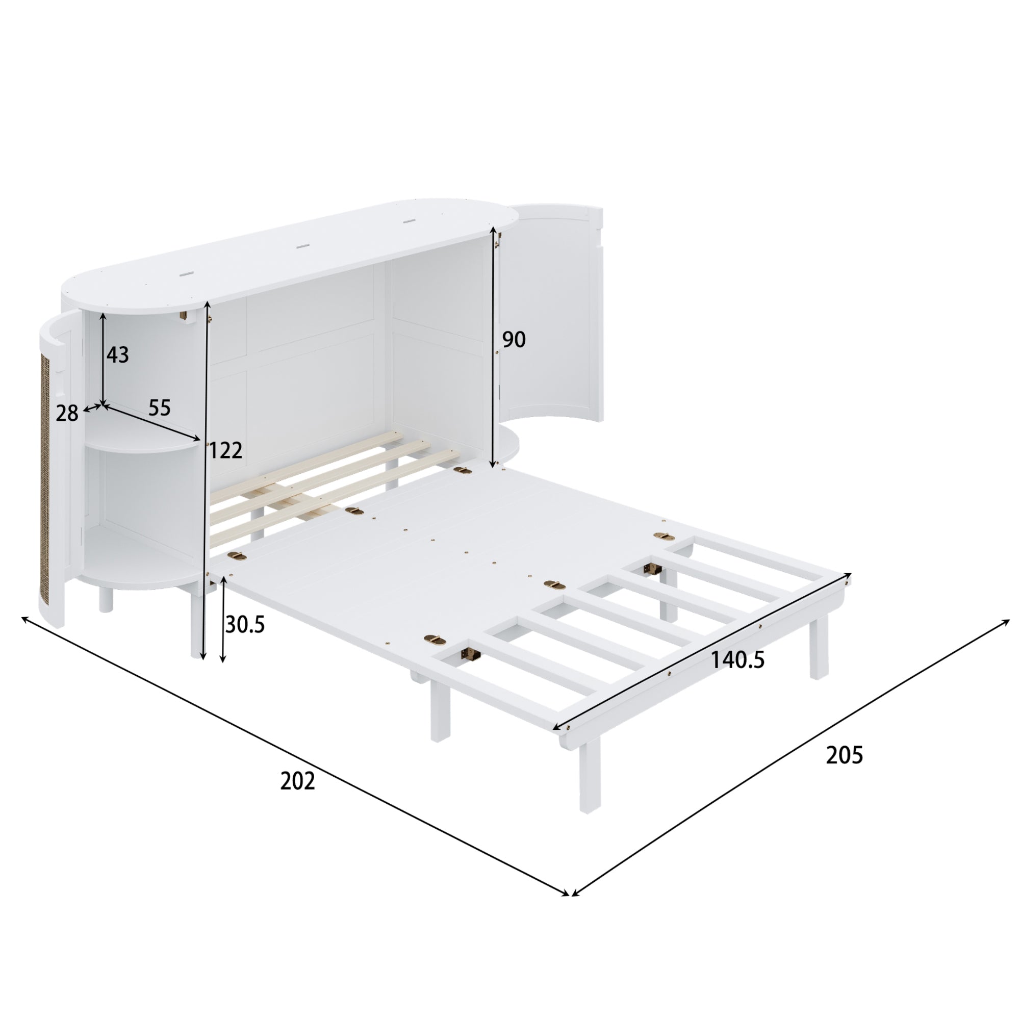 Logidon opklapbed 140x200 cm met lattenbodem, opbergvakken, wit