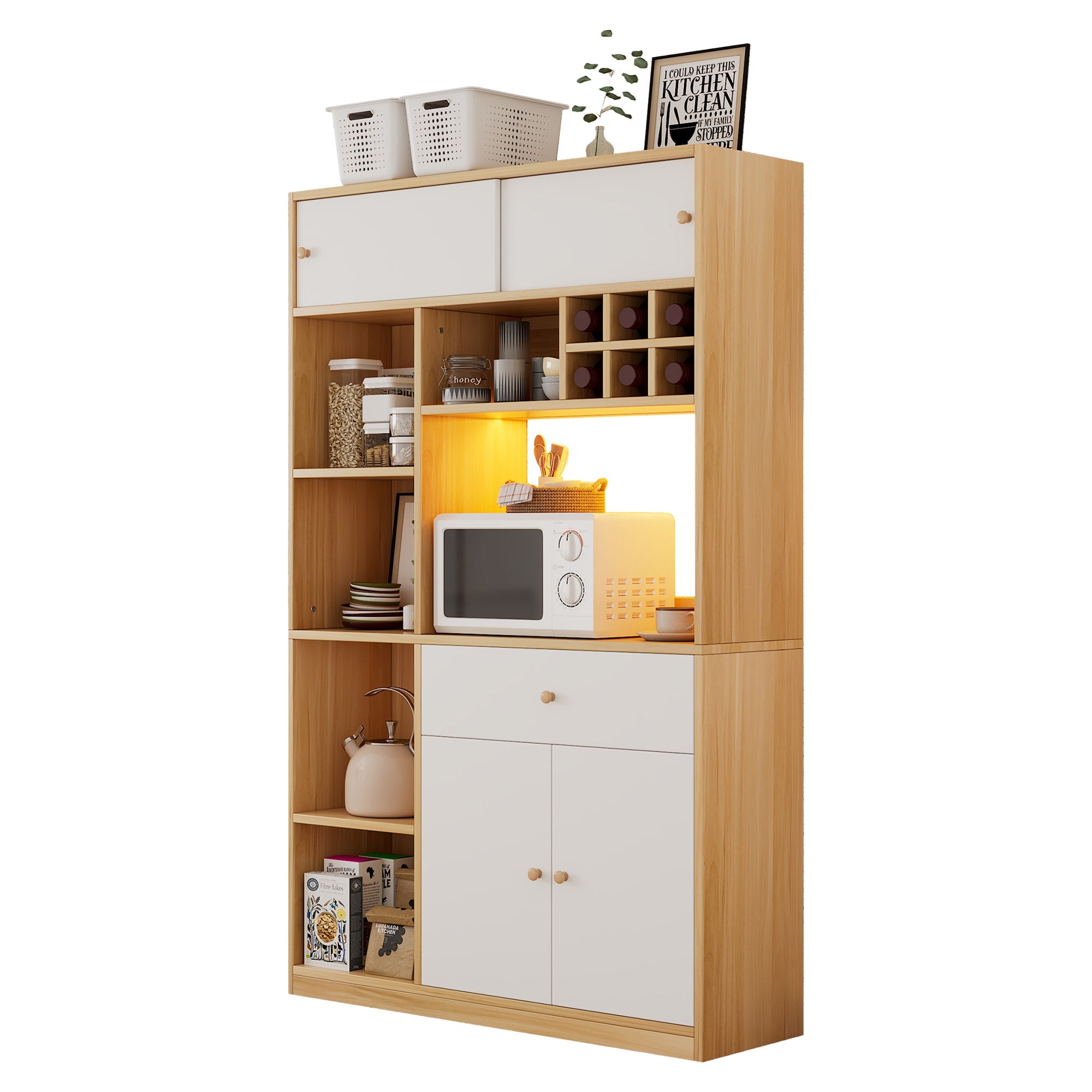 Logidon keukenkast buffet met LED-verlichting, 115x35x180 cm, naturel
