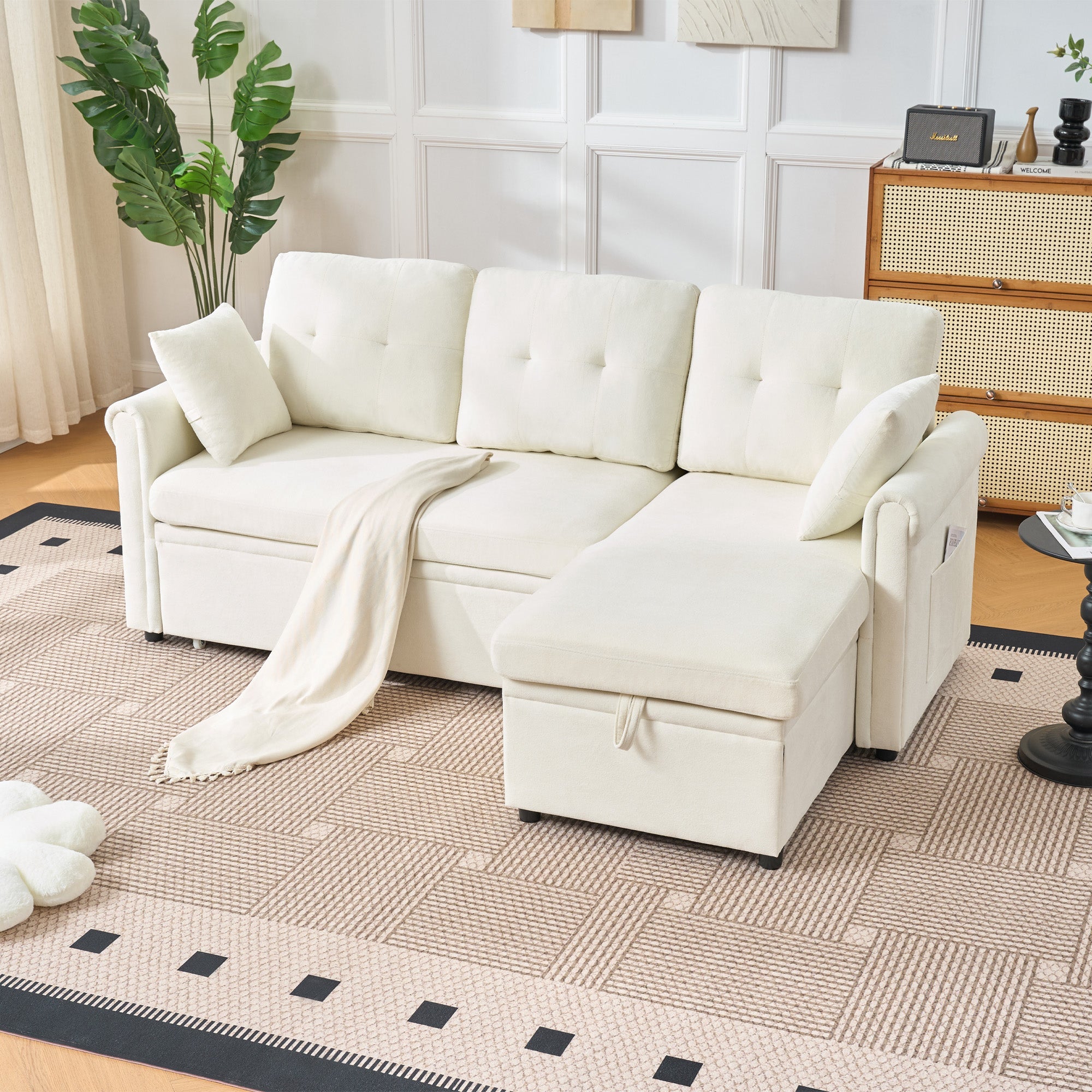 Logidon hoekslaapbank slaapfunctie L-vorm chenille beige