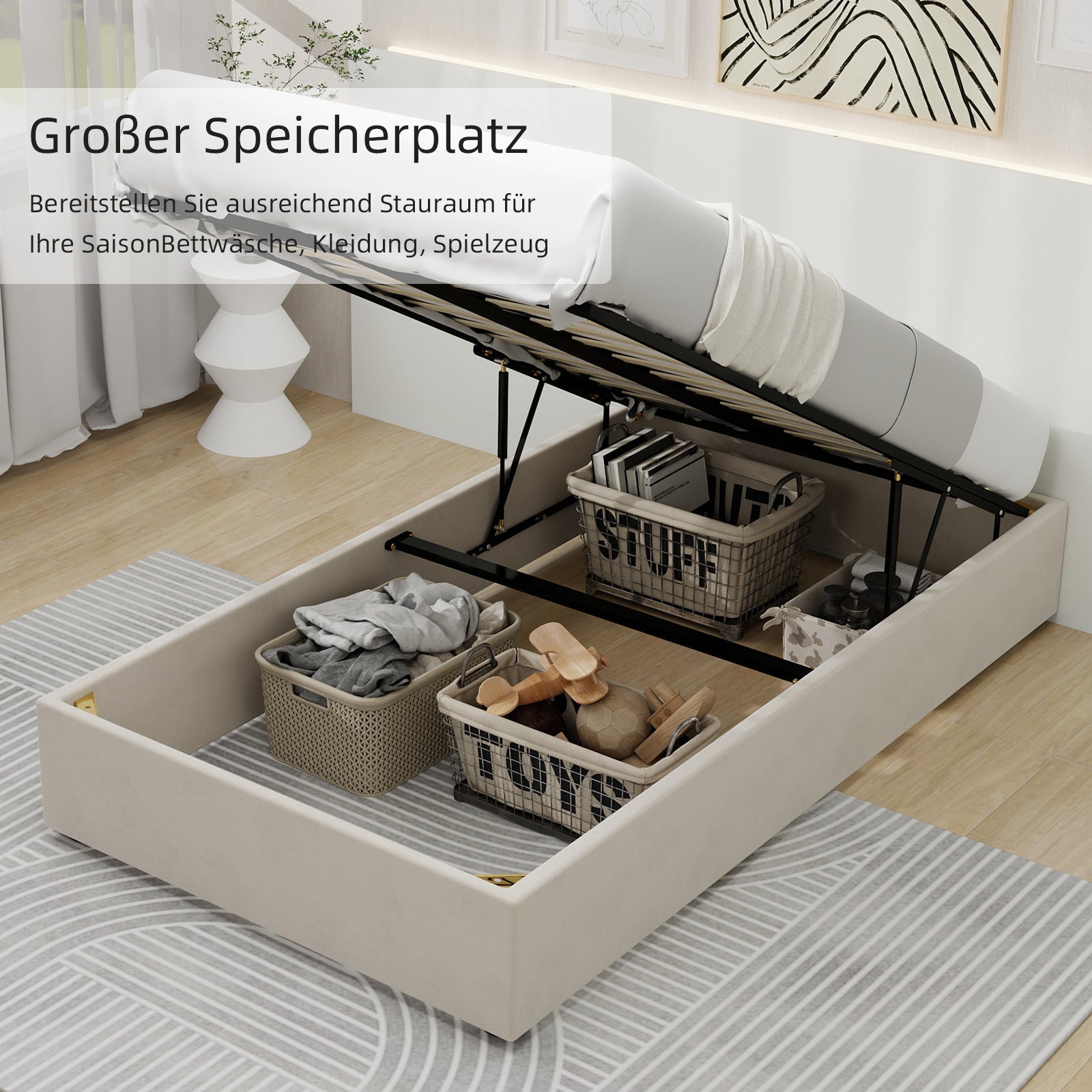 Logidon bedframe 90x200 cm beige fluweel met gaslift opbergruimte