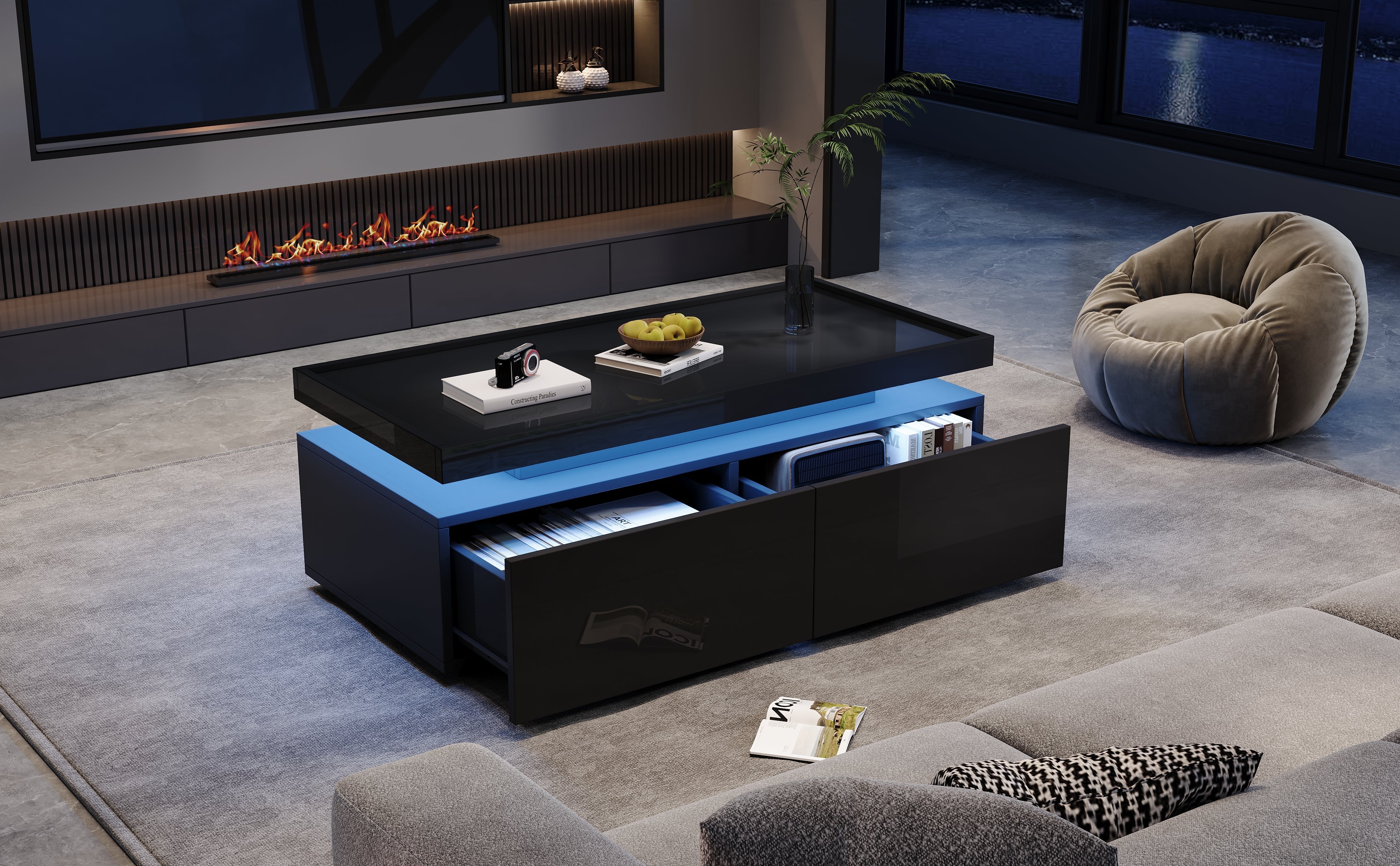 Logidon hoogglans salontafel 95x45x35 cm met LED verlichting zwart
