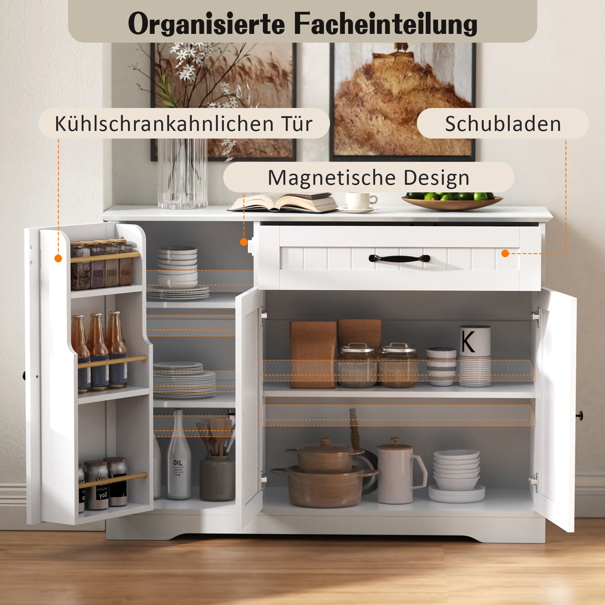 Logidon dressoir wit - 3 deuren, 1 lade, moderne buffetkast 107 cm