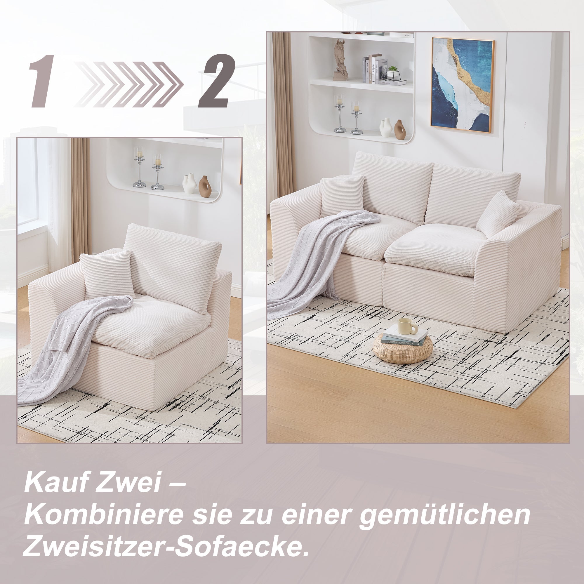 Logidon moderne 1-zits stoffen bank beige corduroy stof met kussens